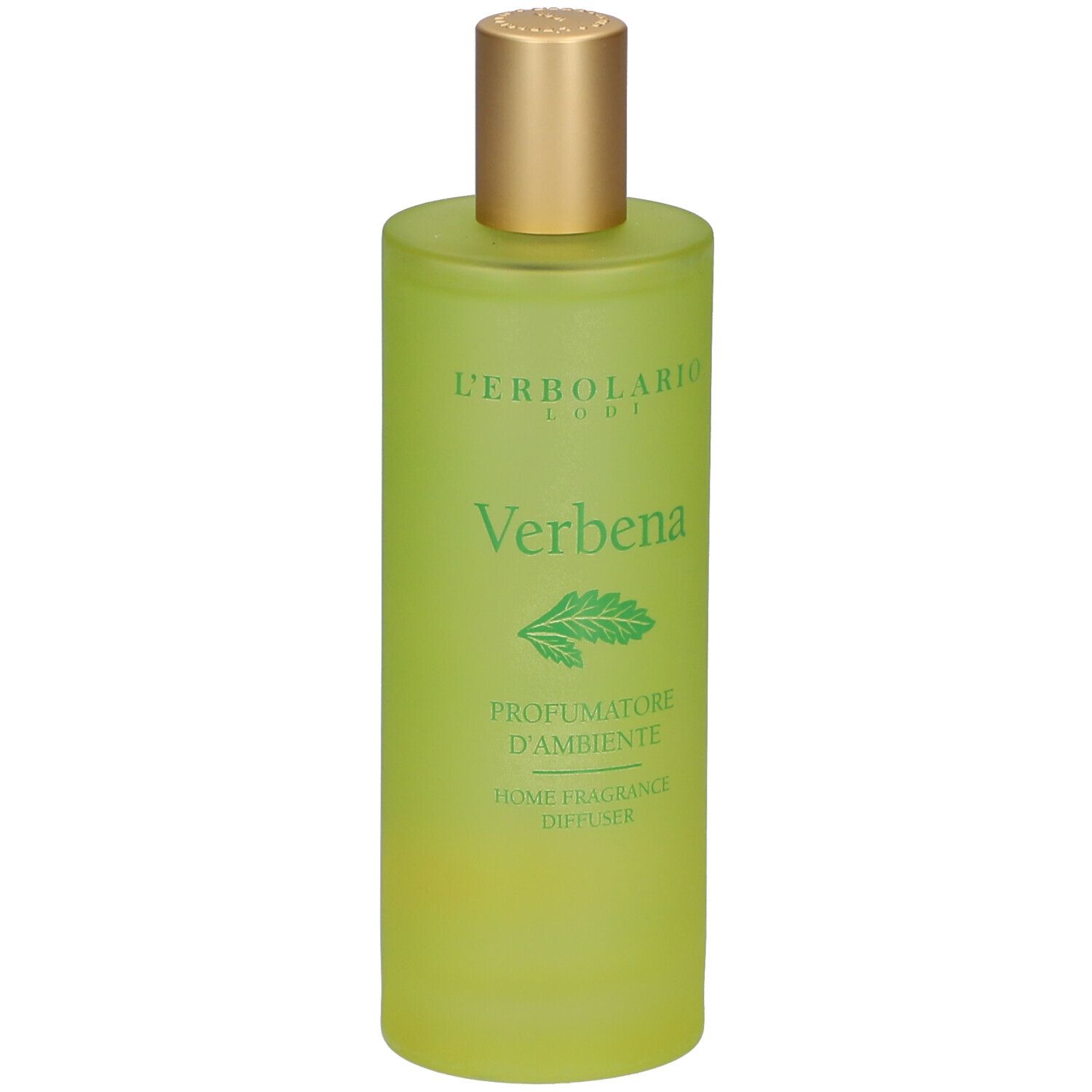 Flacon vert avec bouchon doré. Inscription: L'ERBOLARIO, Verbena, PROFUMATORE D'AMBIENTE, HOME FRAGRANCE DIFFUSER.