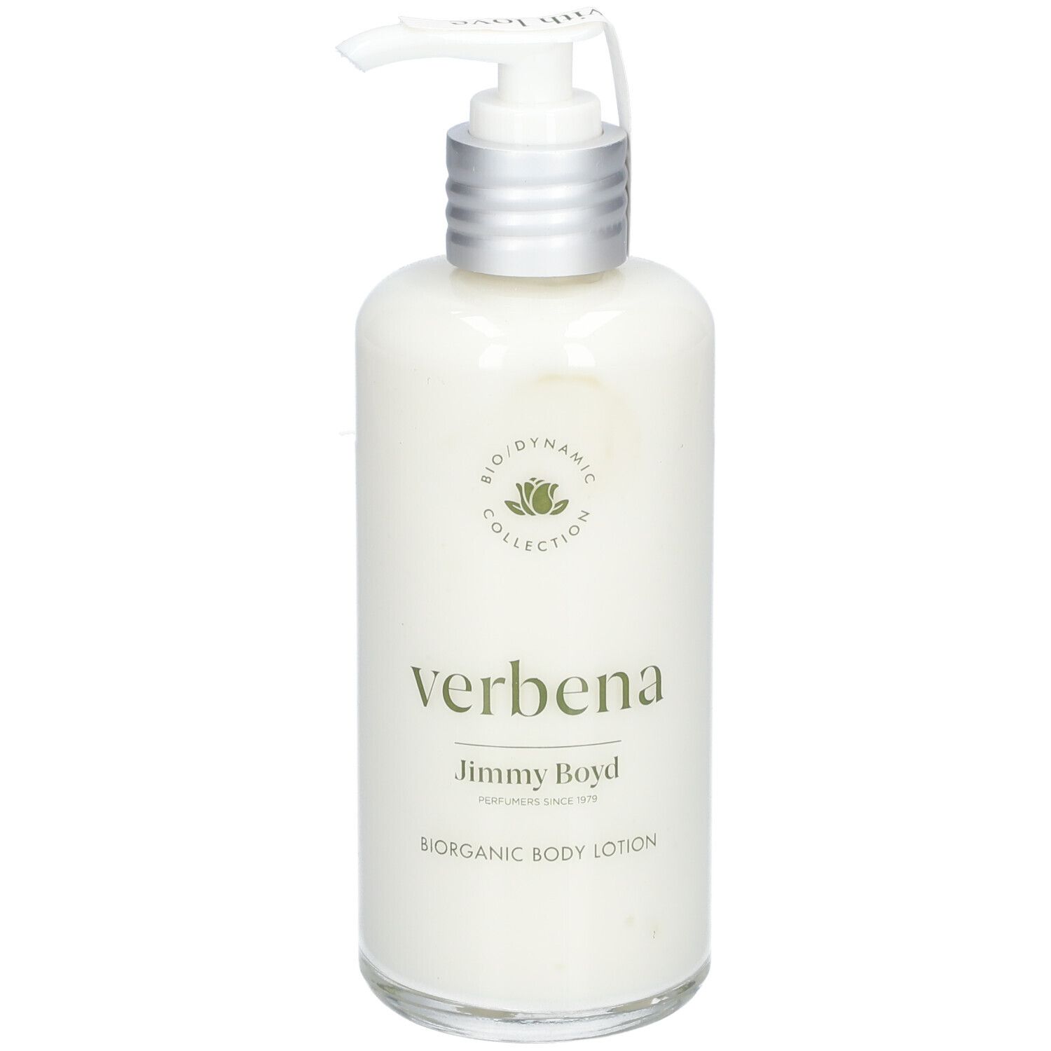Flacon de crème avec pompe. Inscription : Verbena, Jimmy Boyd. Biodynamic Collection. Bioorganic Body Lotion.