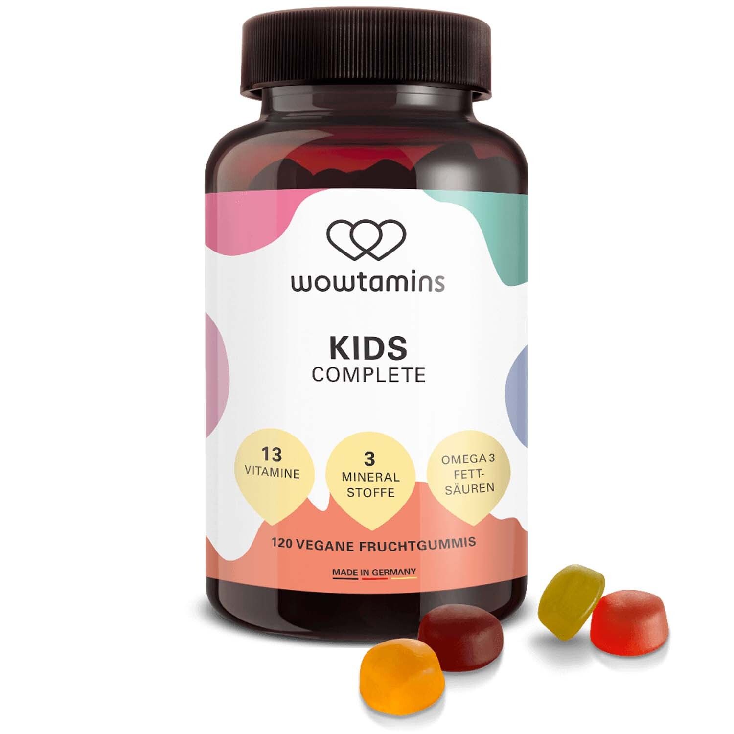 Flacon brun WOWTAMINS KIDS COMPLETE. Contient 13 vitamines, 3 minéraux, acides gras oméga-3. 120 gommes végétaliennes.