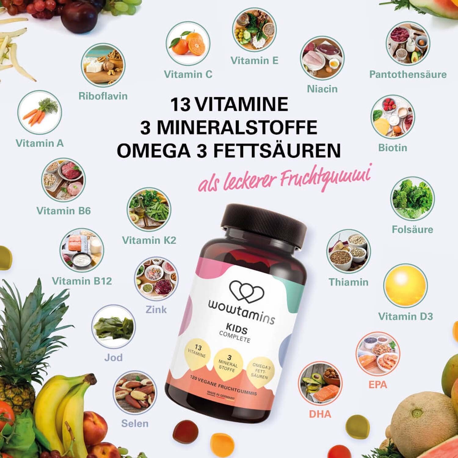 Infographie avec 13 vitamines, 3 minéraux, acides gras oméga-3. Flacon WOWTAMINS KIDS COMPLETE.