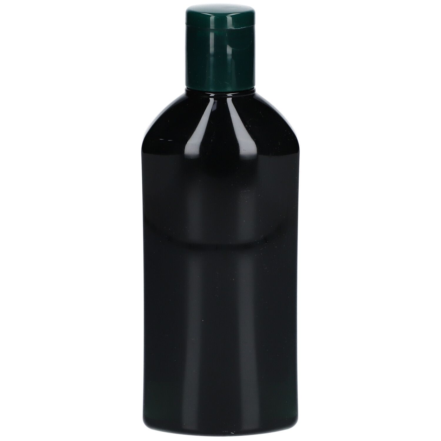 Zwarte fles met groene dop. Geen andere details zichtbaar.