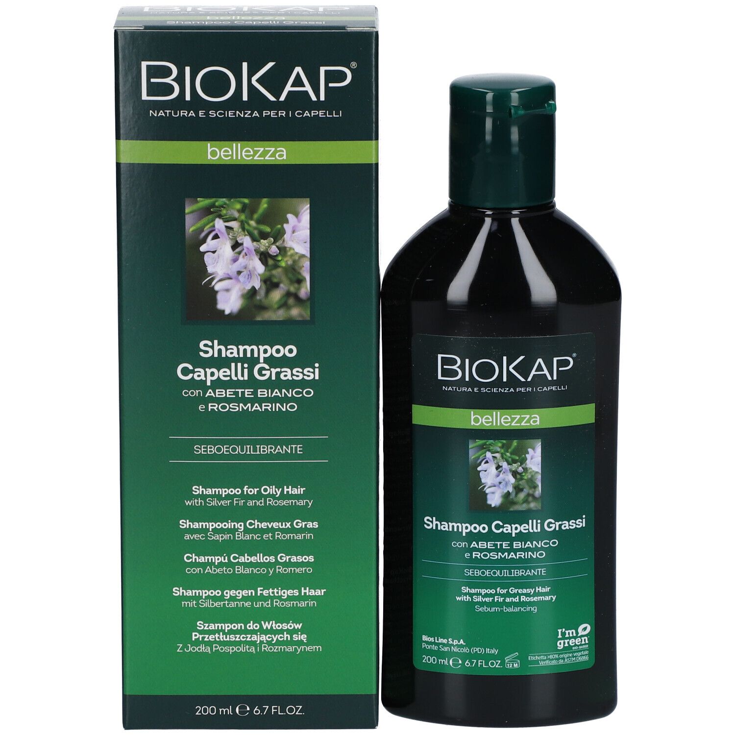 BIOKAP shampoo fles en verpakking. Opschrift: Shampoo Capelli Grassi, Abete Bianco e Rosmarino.