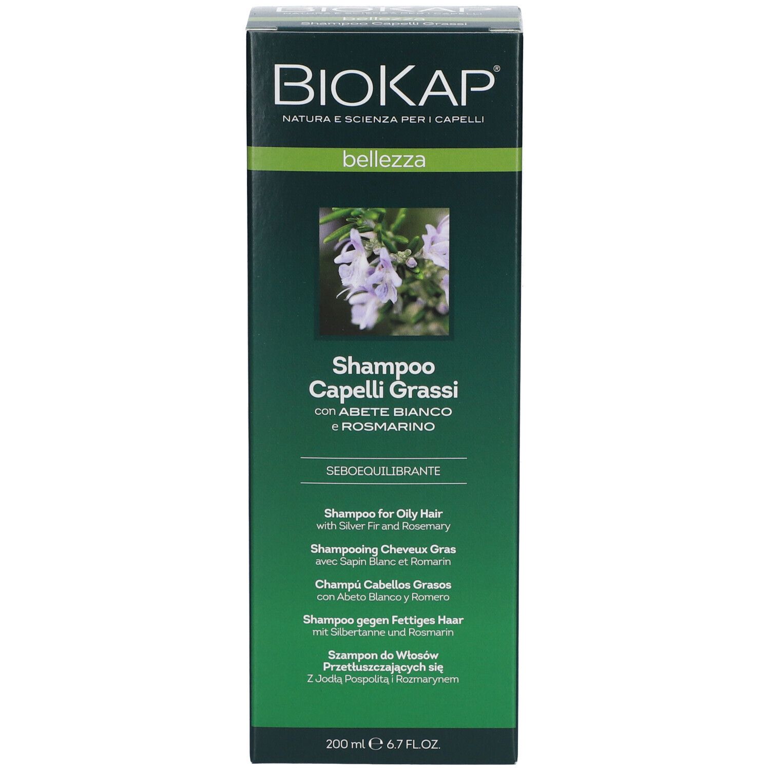 BIOKAP verpakking. Opschrift: Shampoo Capelli Grassi, Abete Bianco e Rosmarino.