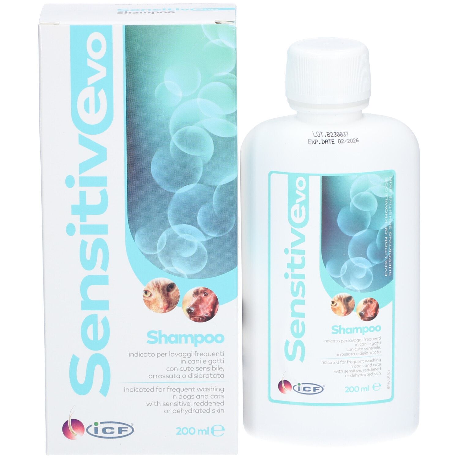 Sensitiv Evo Shampoo fles en verpakking. Label: Shampoo, 200 ml. Verpakking met productnaam.