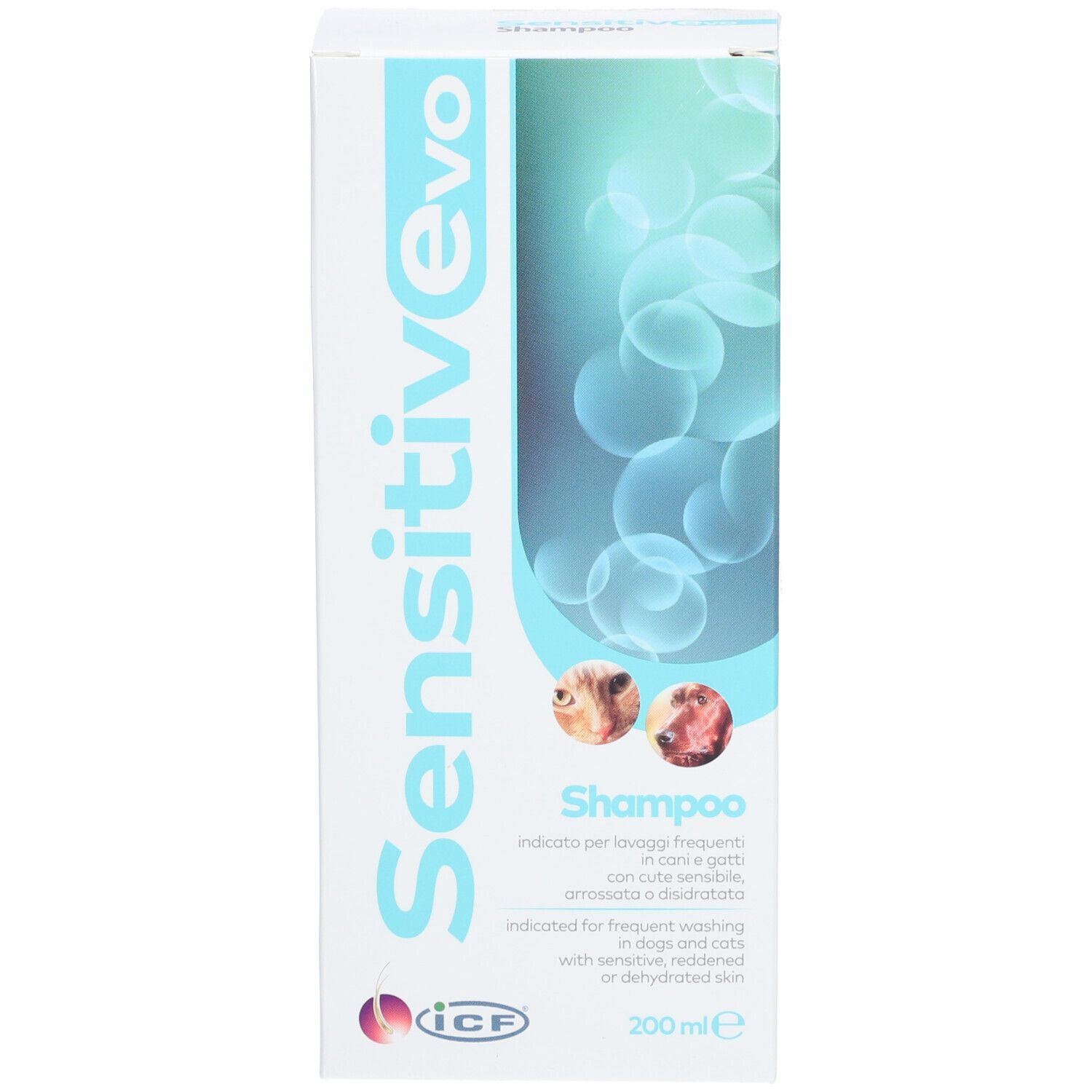 Verpakking van Sensitiv Evo Shampoo. Label: Shampoo, 200 ml. Productnaam en logo.