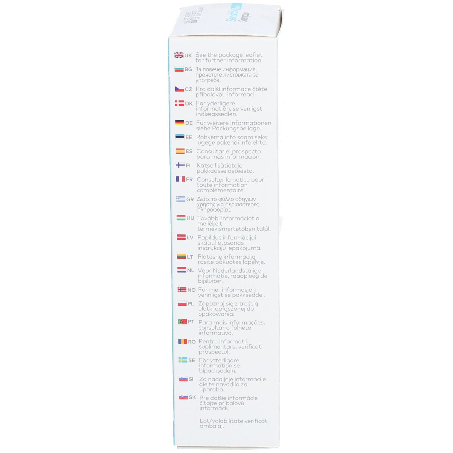 Zijkant van de Sensitiv Evo Shampoo verpakking. Meertalige tekst. Productinformatie.