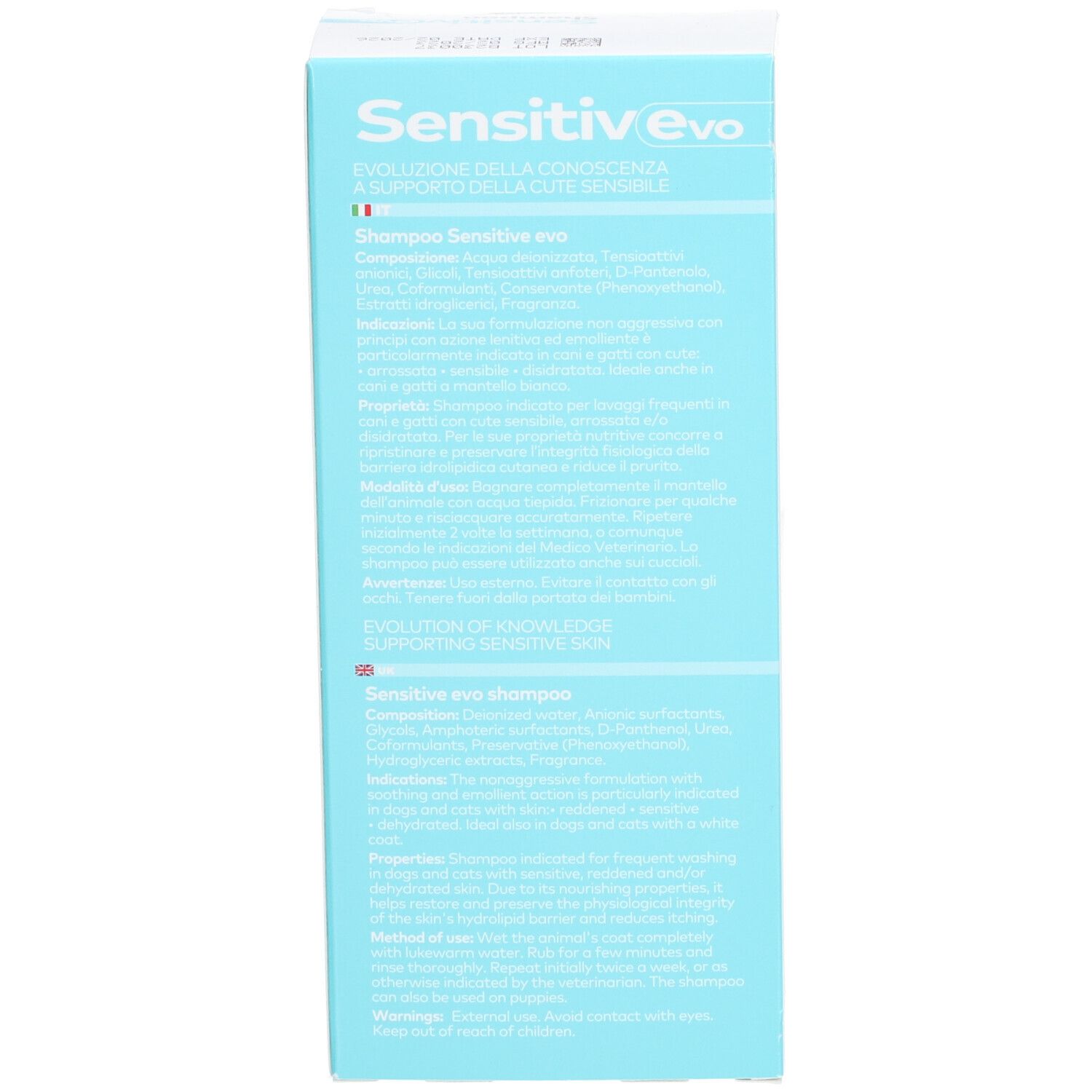 Achterkant van de Sensitiv Evo Shampoo verpakking. Meertalige productinformatie.