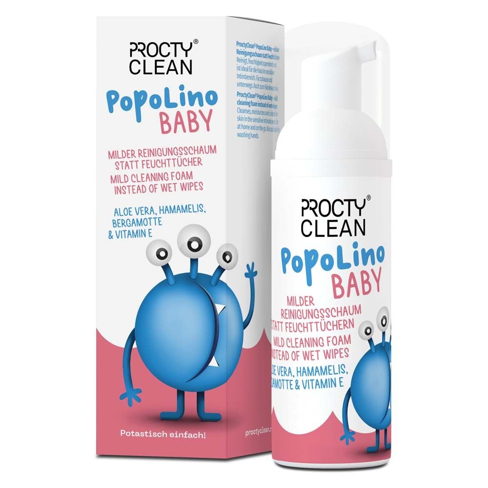 ProctyClean PopoLino Baby. Witte fles met pomp en etiket. Doos met product en monsterillustratie.