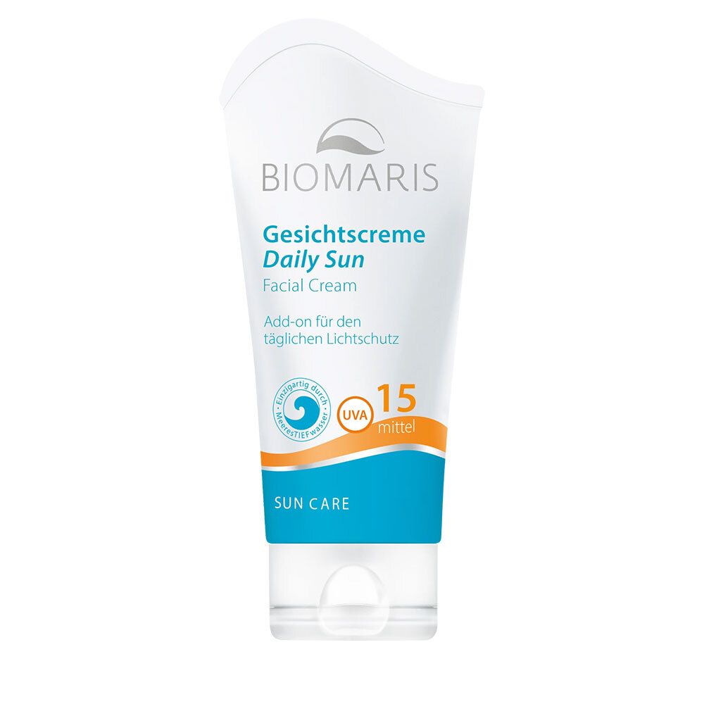 Tube blanche BIOMARIS Gesichtscreme Daily Sun avec texte bleu et orange. Contient SPF 15. Inscription : "Gesichtscreme", "Daily Sun", "Sun Care".