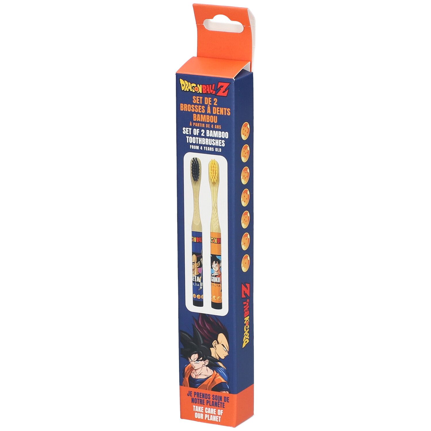 Set de 2 brosses à dents en bambou, design Dragon Ball Z, pour enfants dès 6 ans.