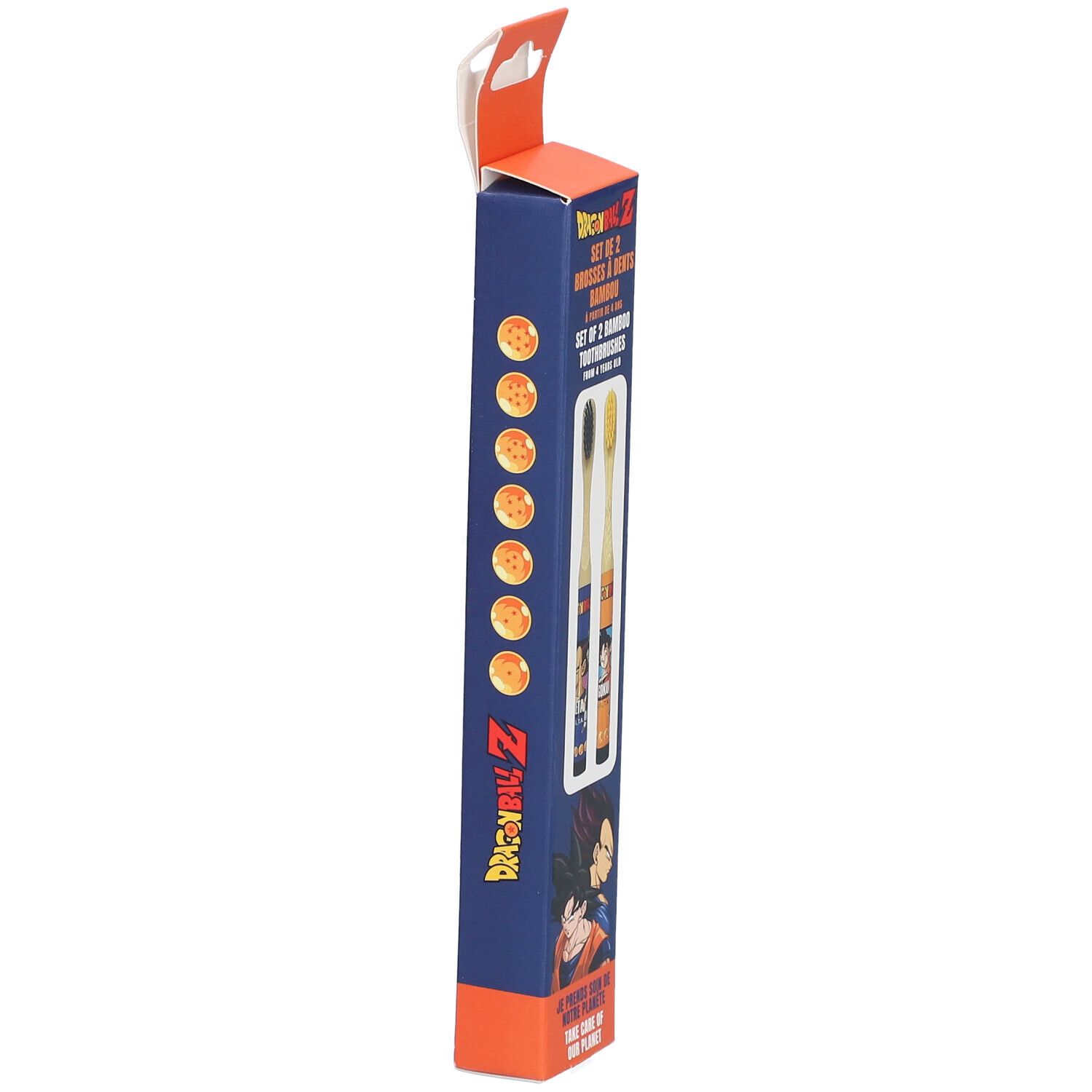 Emballage pour deux brosses à dents Dragon Ball Z avec illustrations de personnages et Dragon Balls.