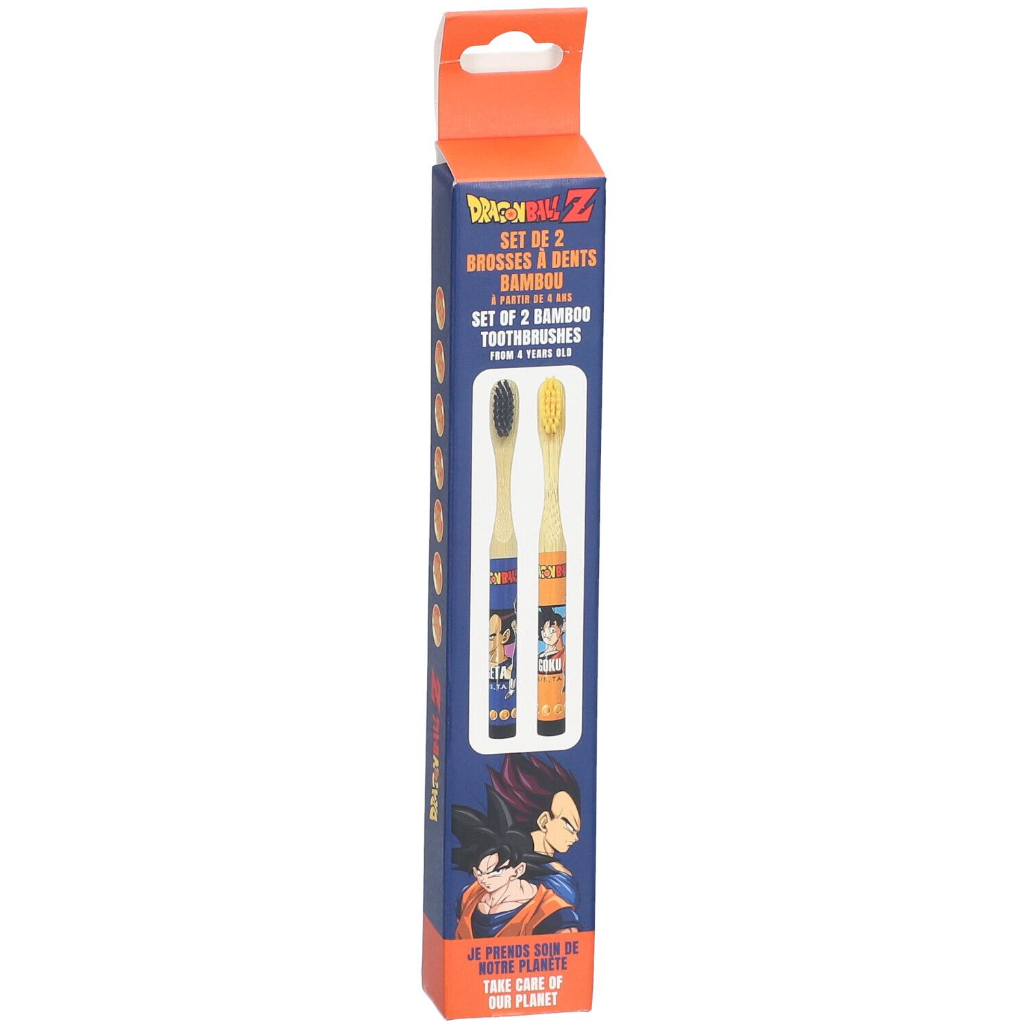 Set de 2 brosses à dents en bambou, design Dragon Ball Z, pour enfants dès 4 ans.