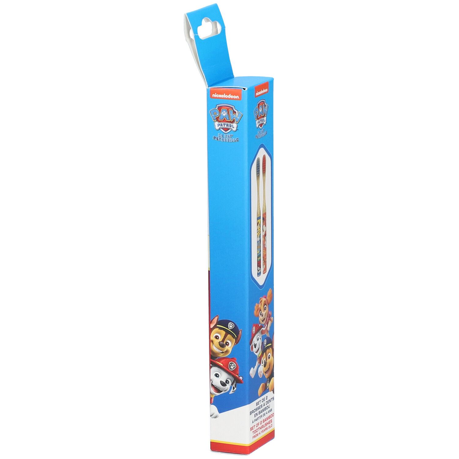 Blauwe kartonnen verpakking met twee bamboe tandenborstels. Paw Patrol-personages en logo gedrukt.
