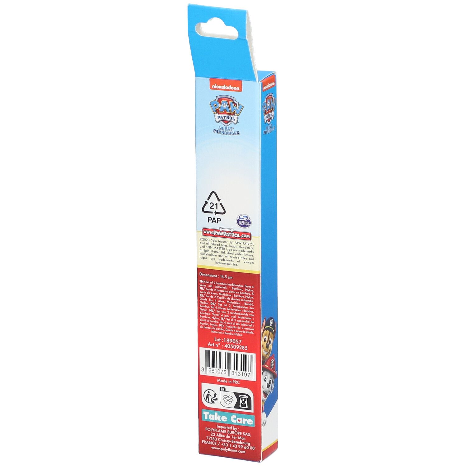 Achterkant van de blauwe kartonnen verpakking met tekst en logo's. Paw Patrol-logo en productinformatie.