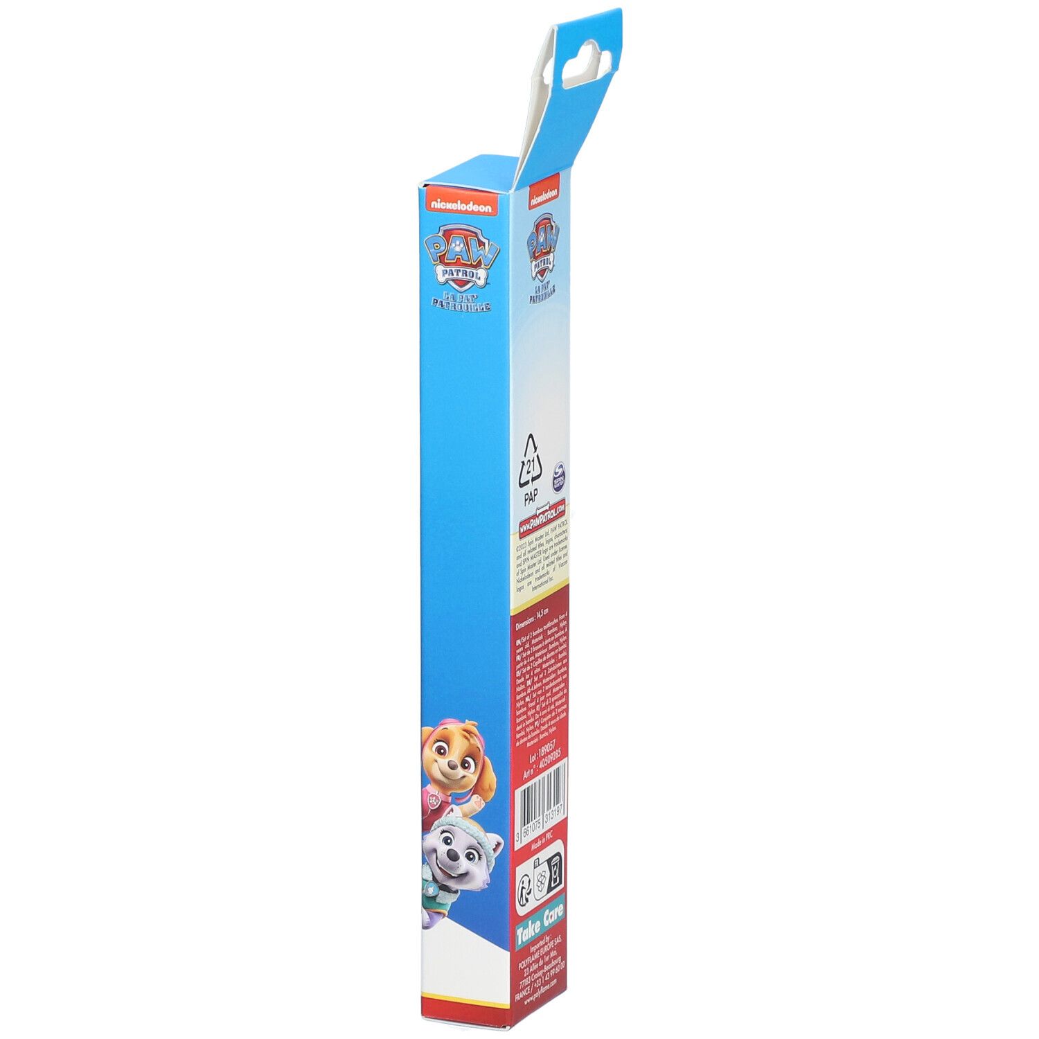 Blauwe kartonnen verpakking met Paw Patrol-personages. Achterkant met tekst en logo's, inclusief Take Care-logo.