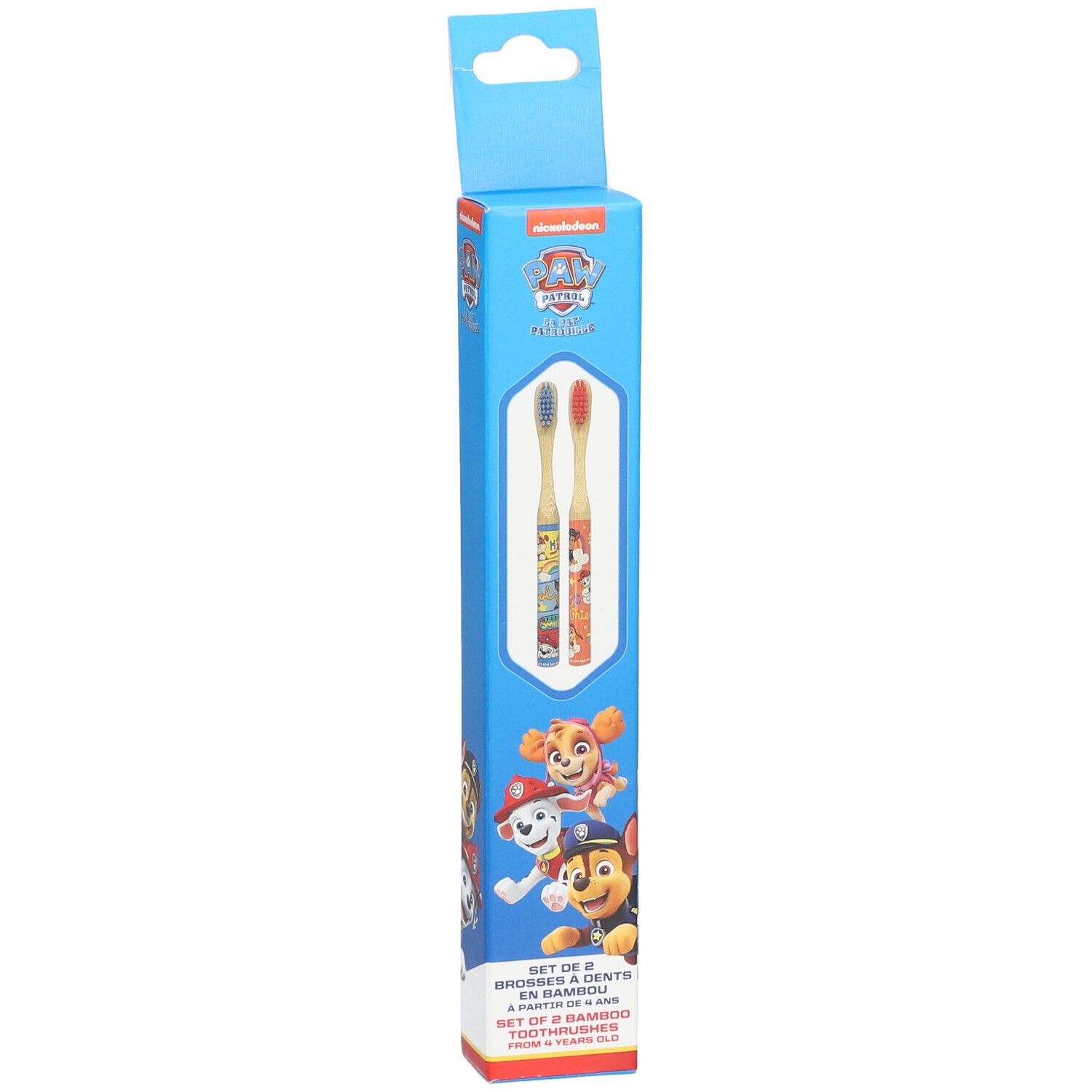 Twee bamboe tandenborstels in een kartonnen verpakking. Paw Patrol-personages en productinformatie zichtbaar.