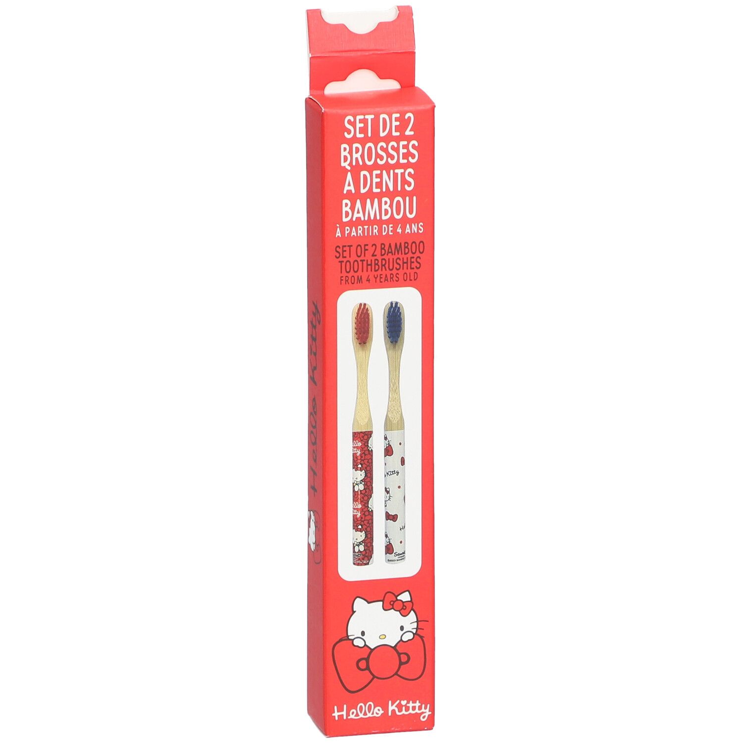 Rode verpakking met twee Hello Kitty bamboe tandenborstels. Tekst: Set de 2, vanaf 4 jaar. Tandenborstels met Hello Kitty-motieven.
