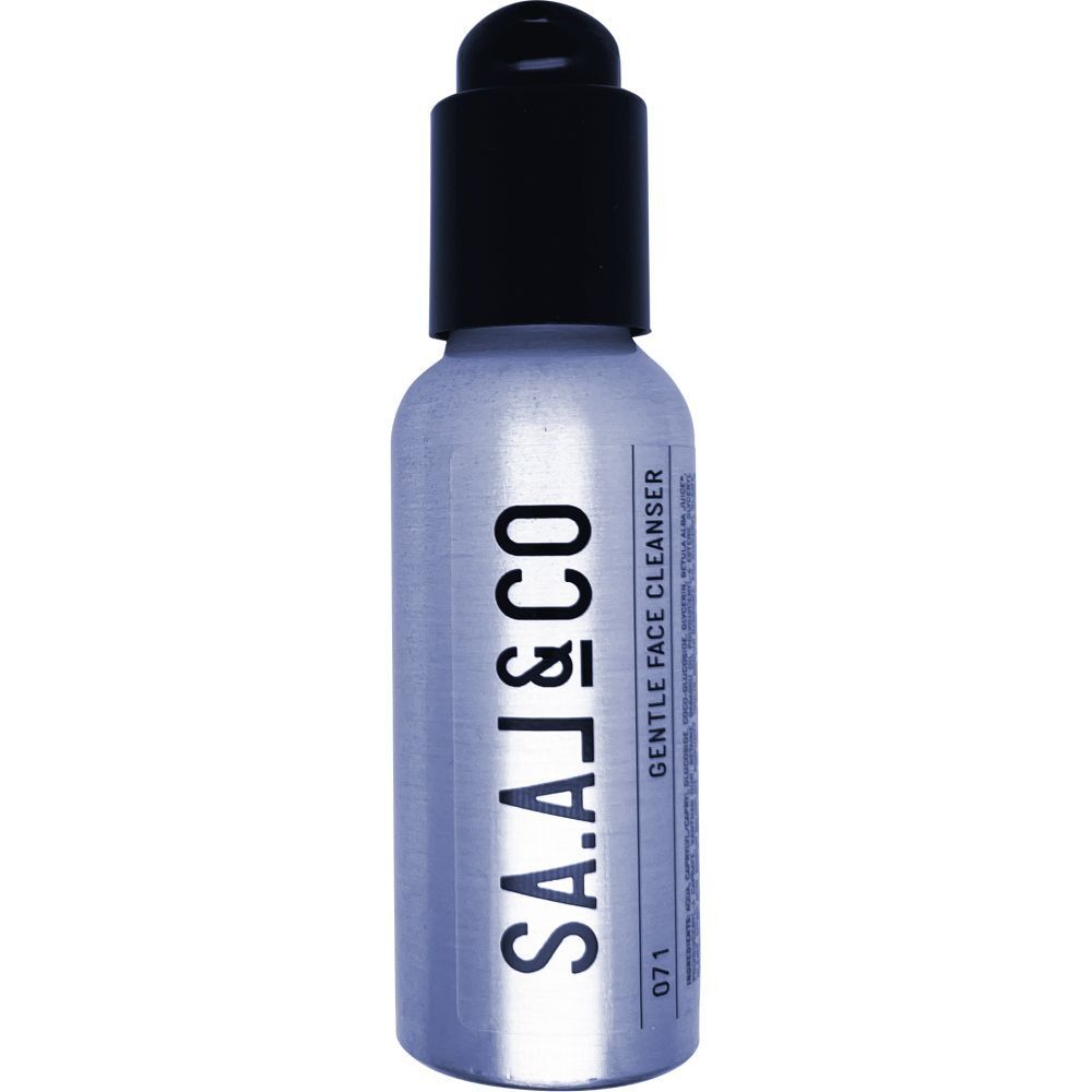 Flacon argenté avec pompe noire. Inscription : SA.AL&CO, Gentle Face Cleanser, 071.