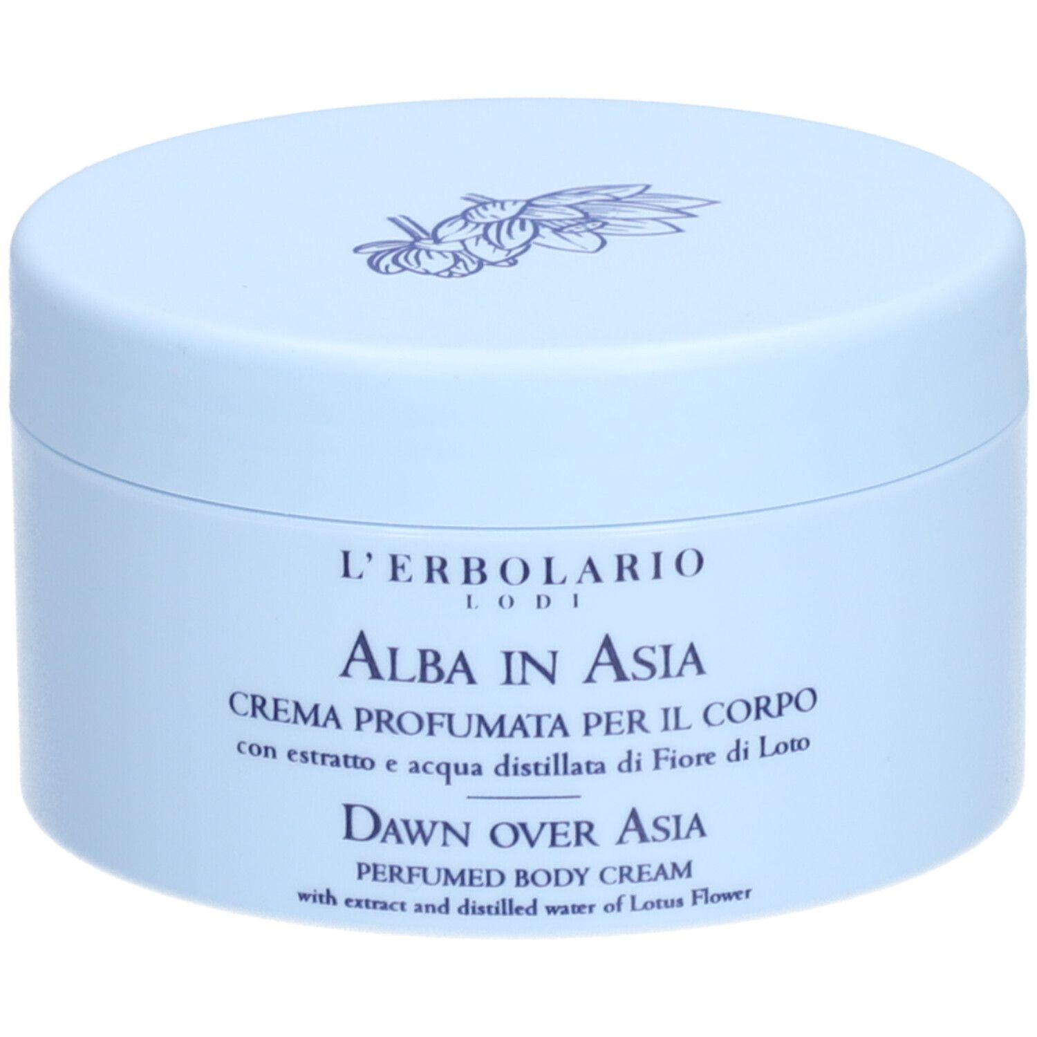 Pot de crème bleu clair avec couvercle. Inscription : L'ERBOLARIO, ALBA IN ASIA, CREMA PROFUMATA PER IL CORPO, DAWN OVER ASIA.