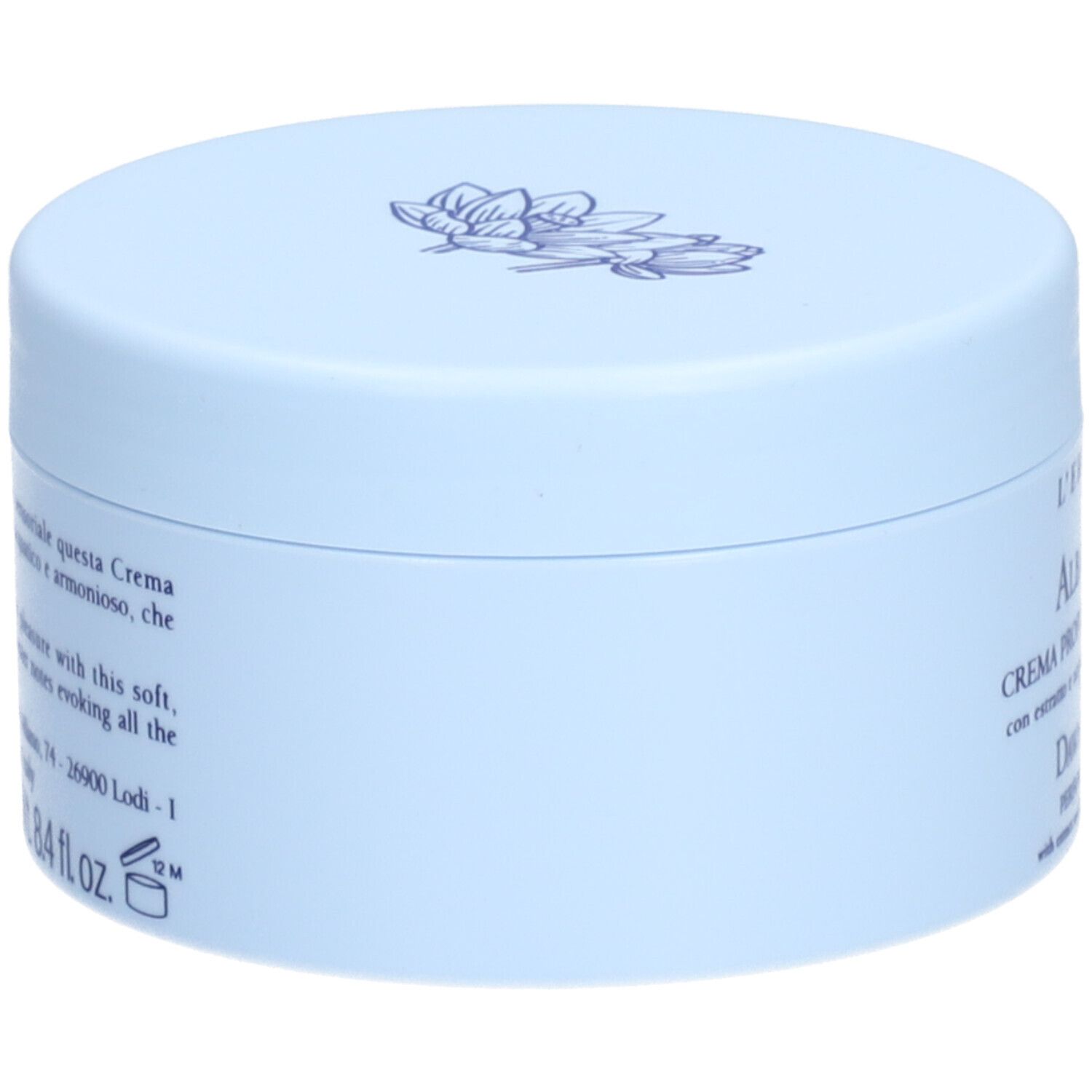 Pot de crème bleu clair. Inscription : L'ERBOLARIO, ALBA IN ASIA, CREMA PROFUMATA PER IL CORPO, DAWN OVER ASIA. Vue latérale.