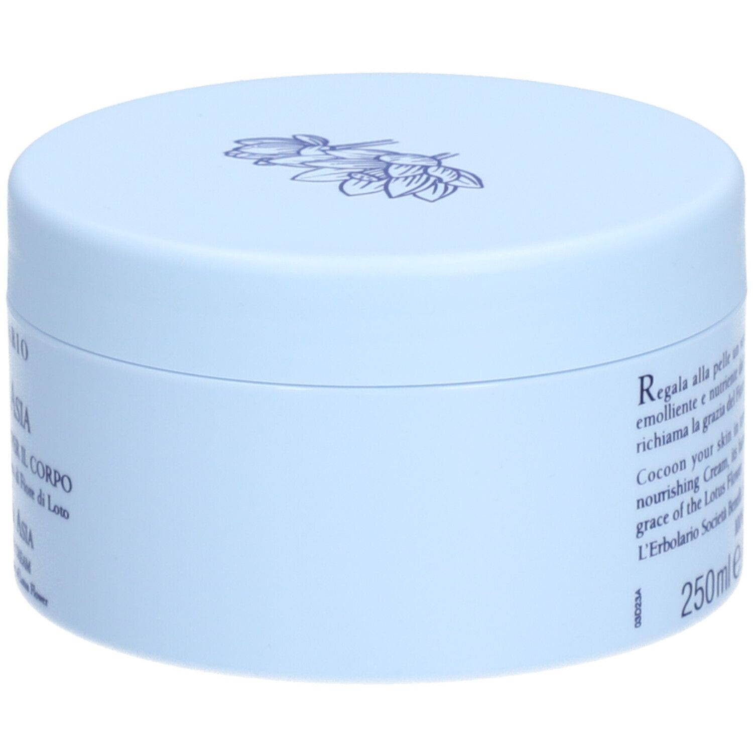 Pot de crème bleu clair. Inscription : L'ERBOLARIO, ALBA IN ASIA, CREMA PROFUMATA PER IL CORPO, DAWN OVER ASIA. Vue latérale.