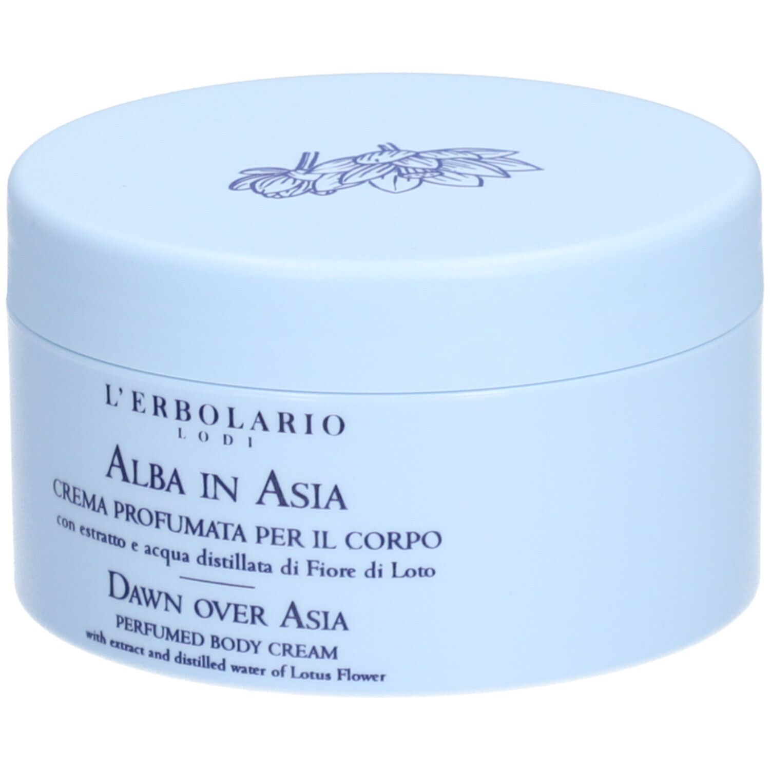Pot de crème bleu clair avec couvercle. Inscription : L'ERBOLARIO, ALBA IN ASIA, CREMA PROFUMATA PER IL CORPO, DAWN OVER ASIA.