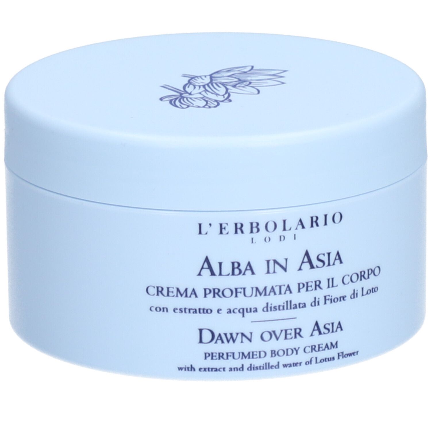 Pot de crème bleu clair avec couvercle. Inscription : L'ERBOLARIO, ALBA IN ASIA, CREMA PROFUMATA PER IL CORPO, DAWN OVER ASIA.