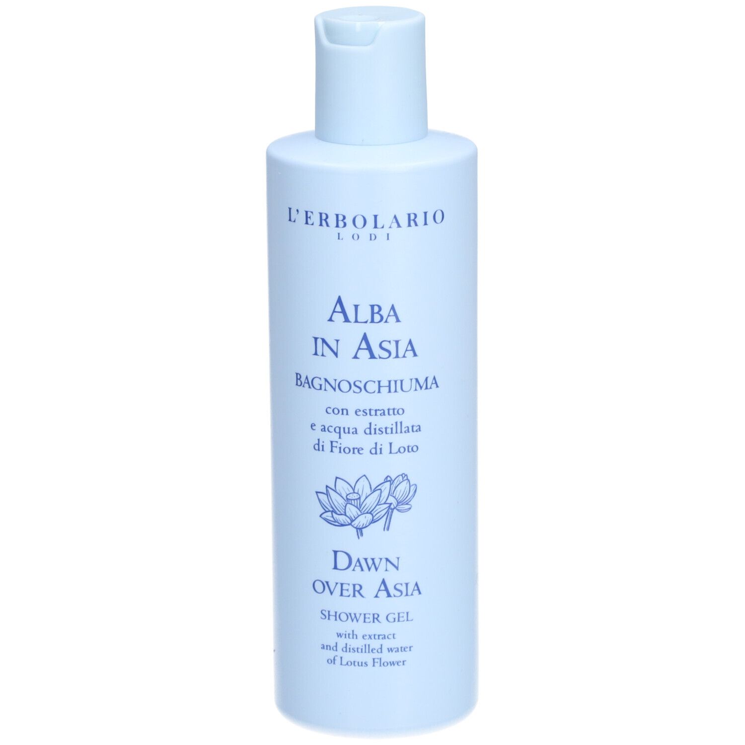 Lichtblauwe fles met L'Erbolario logo, "Alba in Asia" en "Dawn Over Asia" Shower Gel opschrift.
