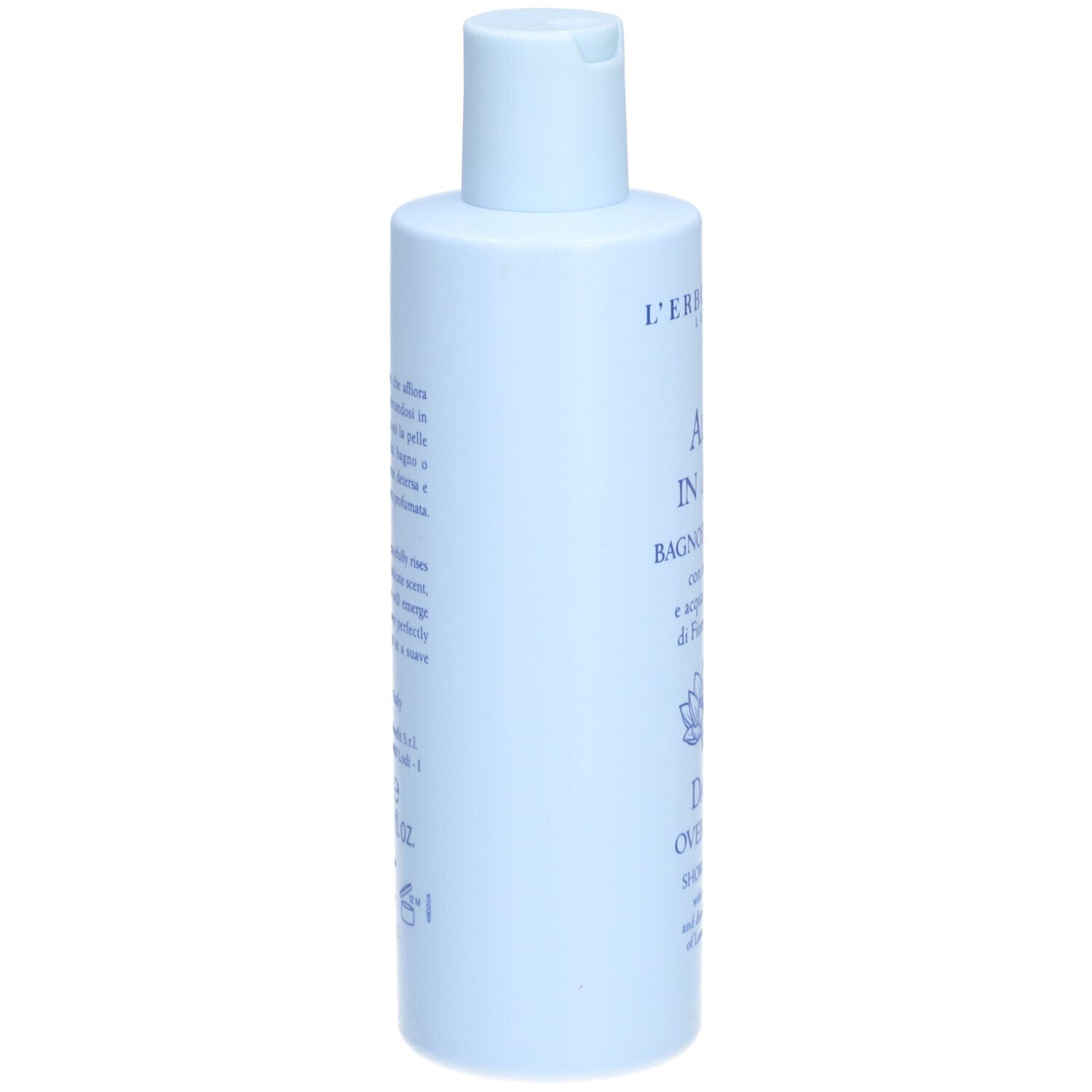 Lichtblauwe fles met klapdeksel, met een badproduct.