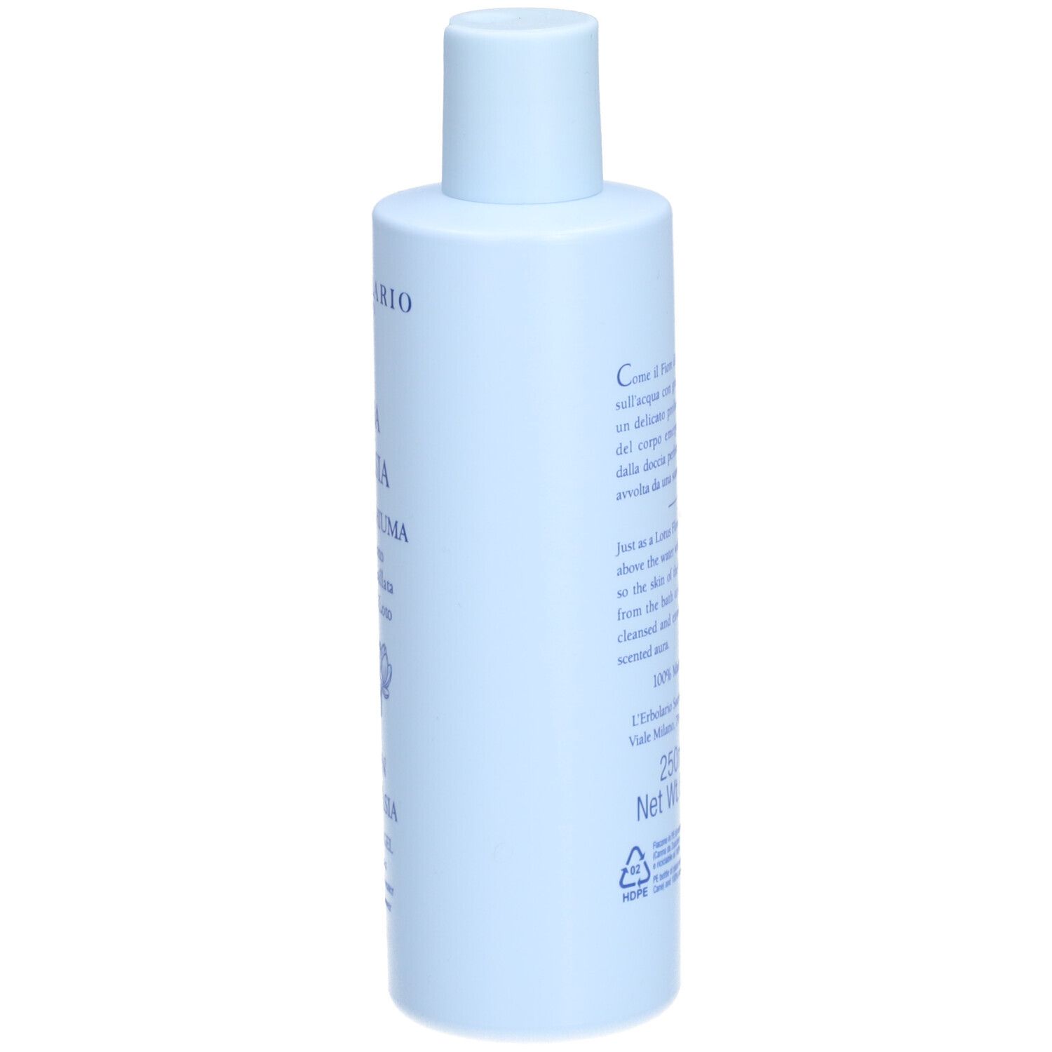 Lichtblauwe fles met witte dop. Bevat 250 ml.