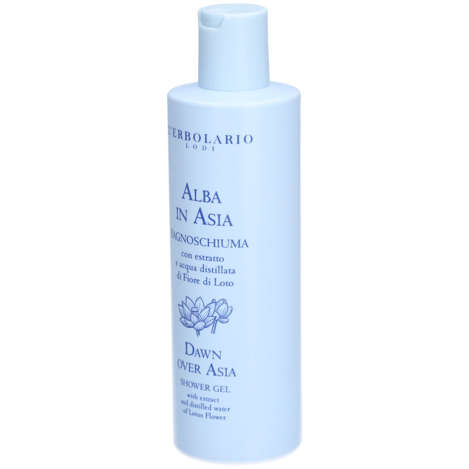 Lichtblauwe fles douchegel. Opschrift: 'ALBA IN ASIA', 'BAGNOSCHIUMA', 'DAWN OVER ASIA', 'SHOWER GEL'.