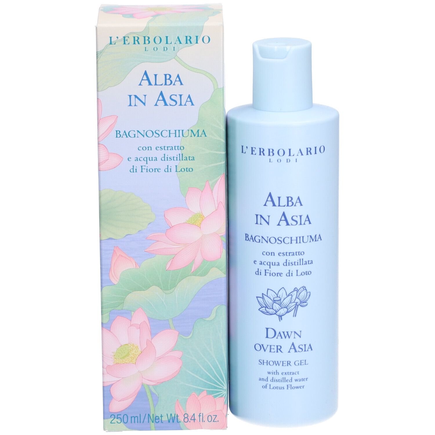 L'Erbolario Alba in Asia douchegel en doos met lotusbloemmotief.