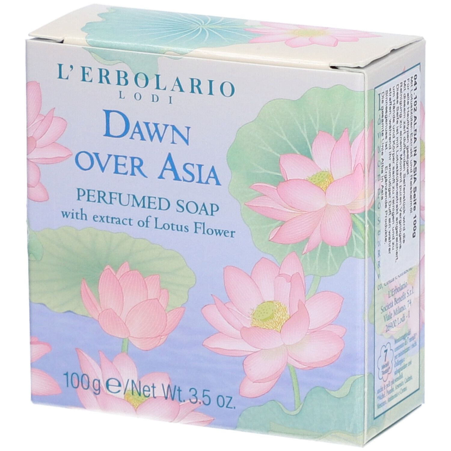 Boîte avec fleurs de lotus roses et texte "Dawn Over Asia". Contient du savon parfumé à l'extrait de fleur de lotus.