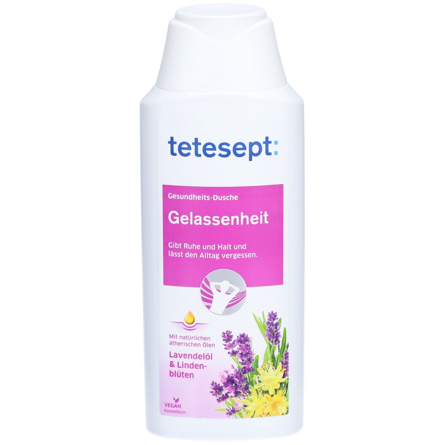 Gel douche tetesept® blanc avec étiquette rose. Texte : Gesundheits-Dusche Gelassenheit, huile de lavande & fleurs de tilleul. Vegan.