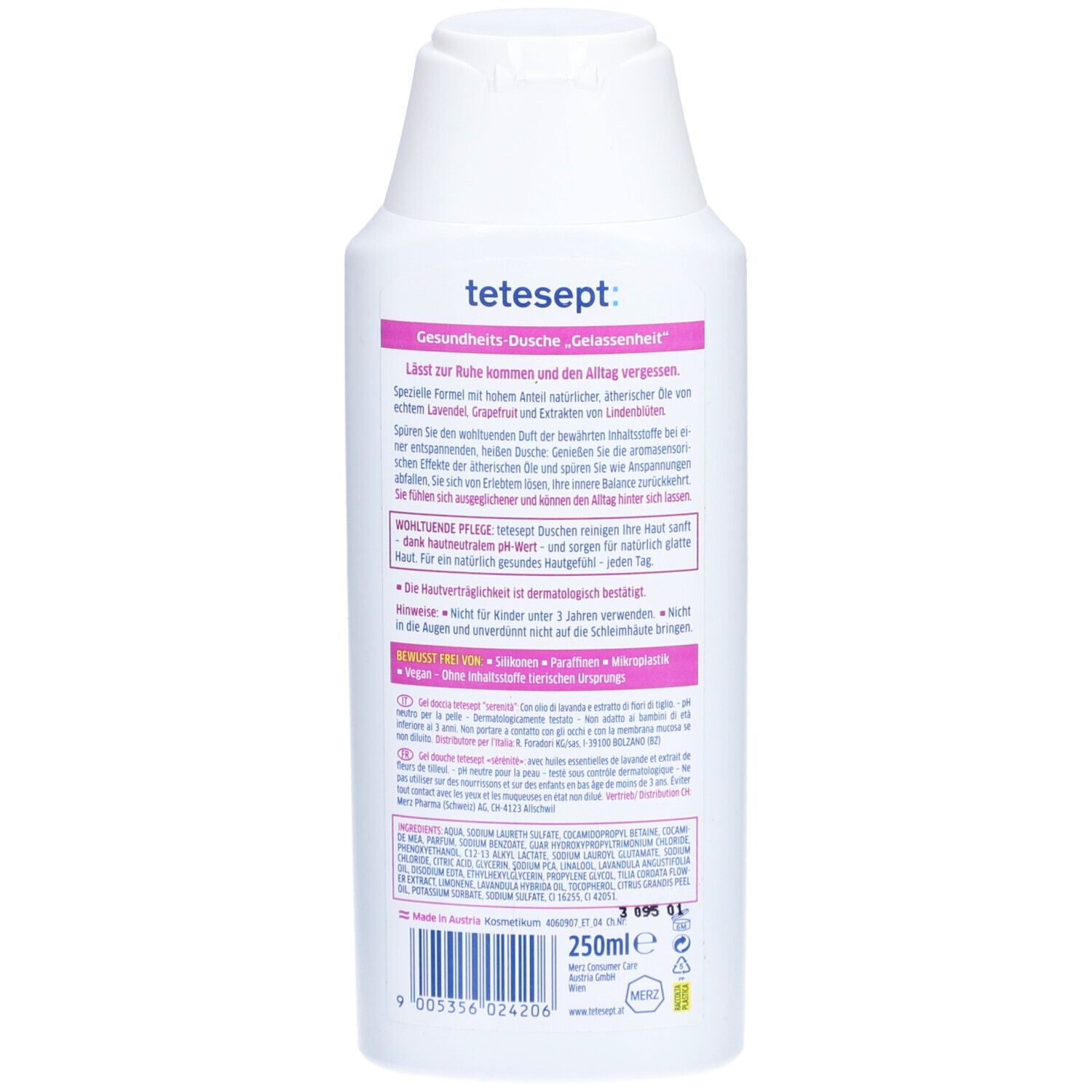 Dos du gel douche tetesept® Gelassenheit. Texte : Gesundheits-Dusche Gelassenheit, ingrédients, 250ml, vegan.
