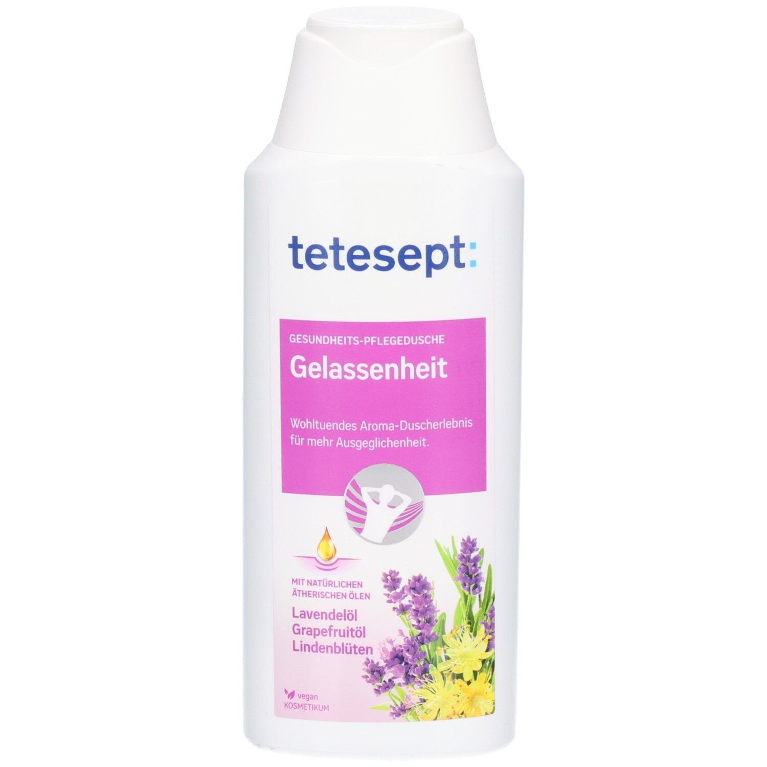 Bouteille blanche tetesept® Gelée de douche apaisante avec étiquette rose et motif lavande.