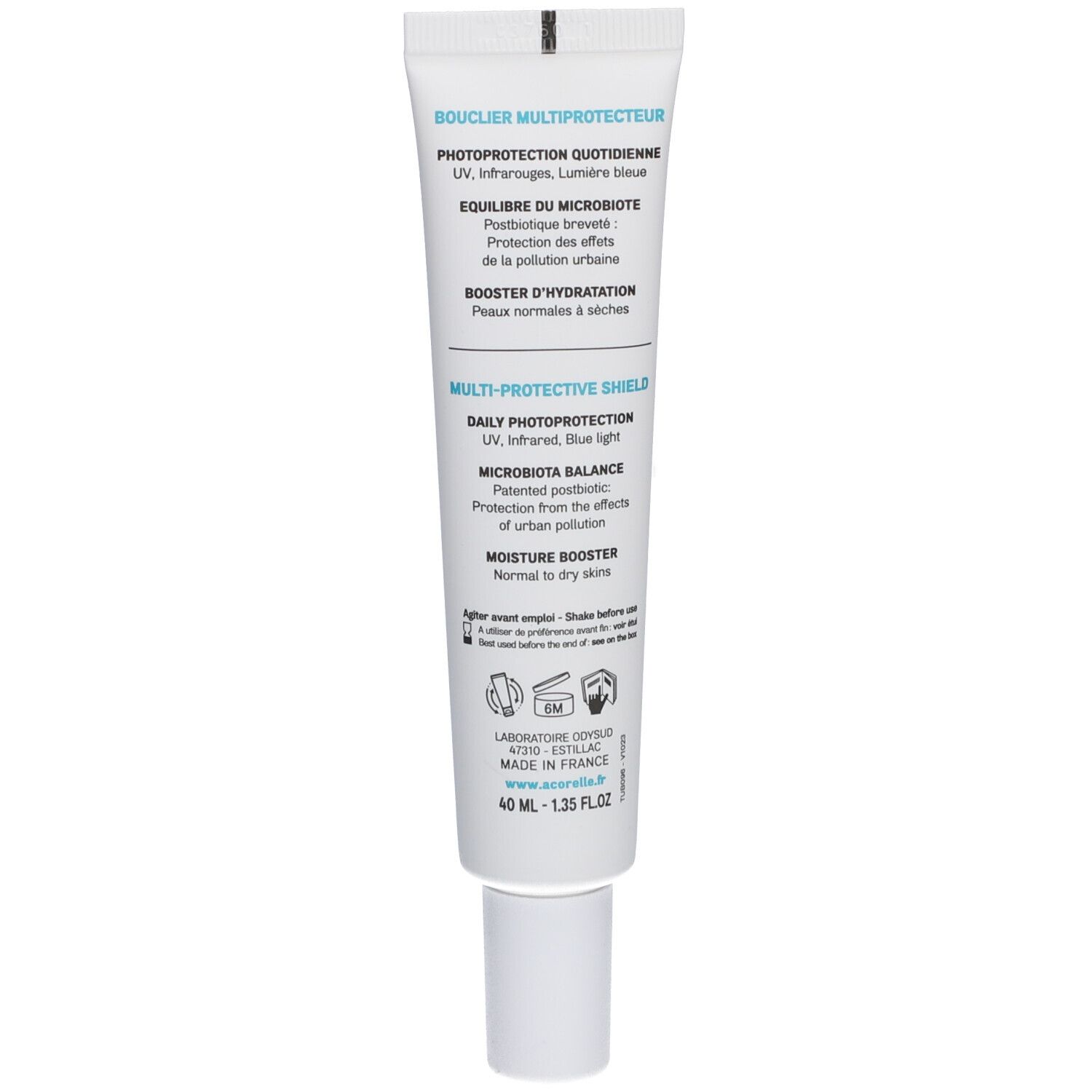 Achterkant witte tube. Tekst over UV-bescherming, microbioom balans en hydratatie booster. 40 ml.