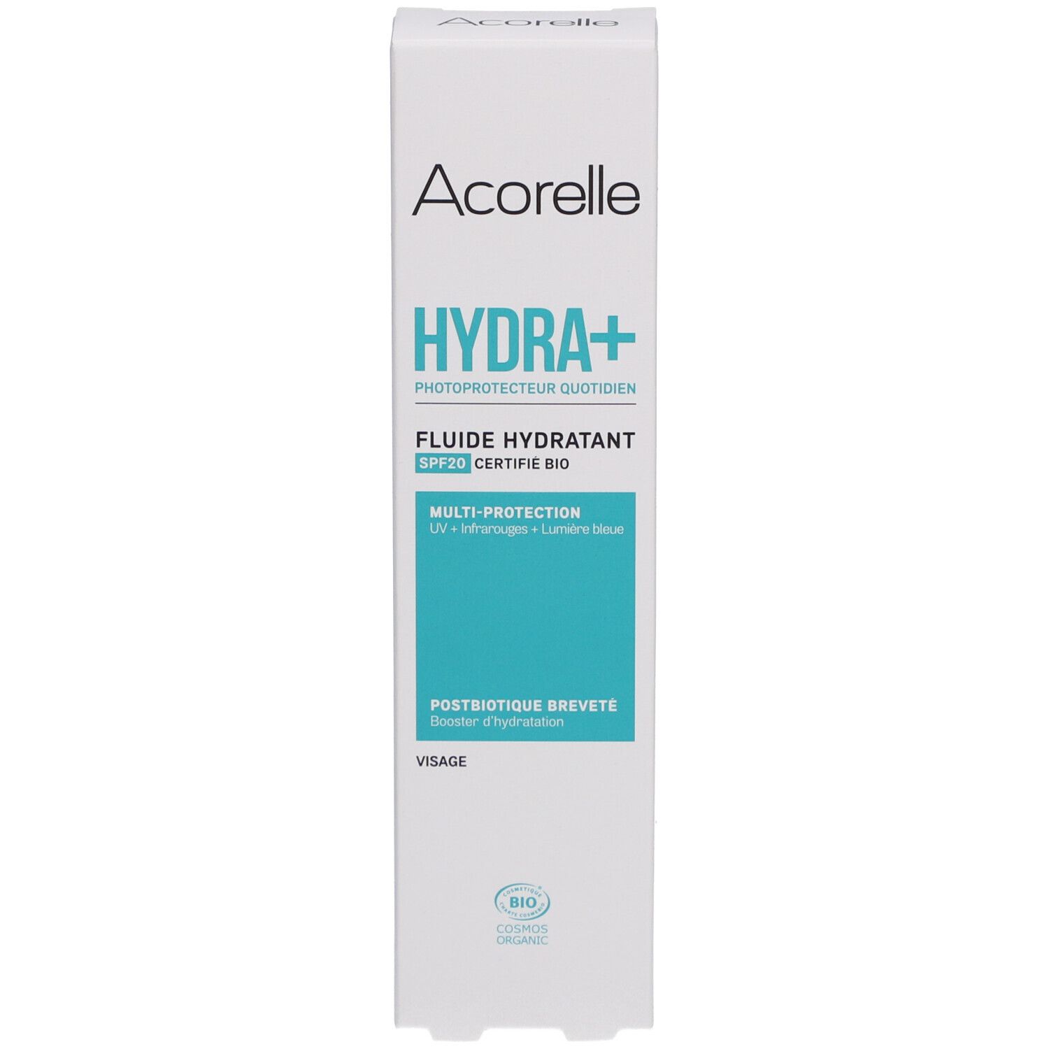 Witte doos met Acorelle Hydra+ Feuchtigkeitsfluid SPF20. Bio-gecertificeerd. Gezichtsverzorging.