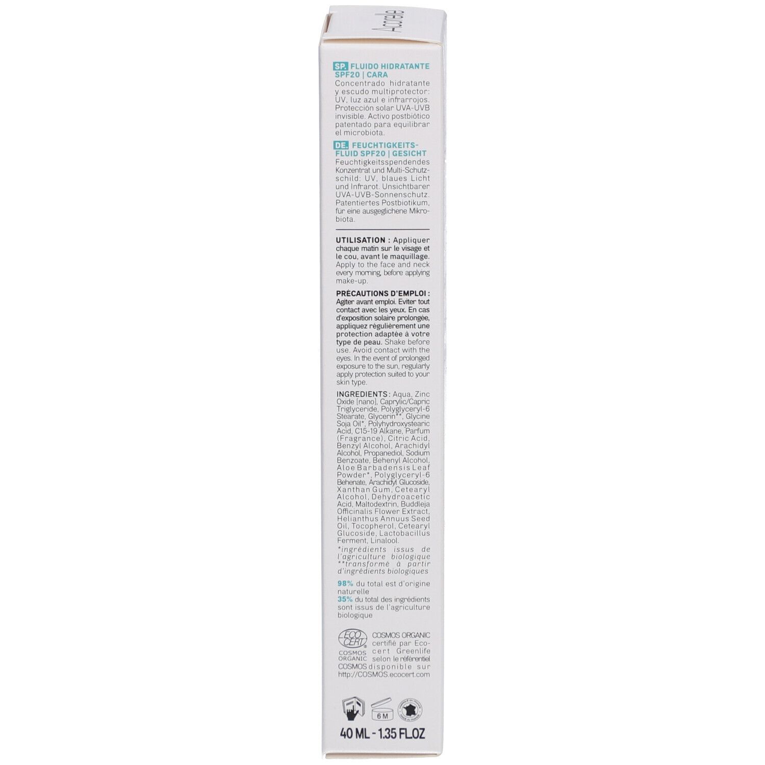 Achterkant doos. Tekst over ingrediënten, gebruik en voorzorgsmaatregelen. Bio-gecertificeerd.