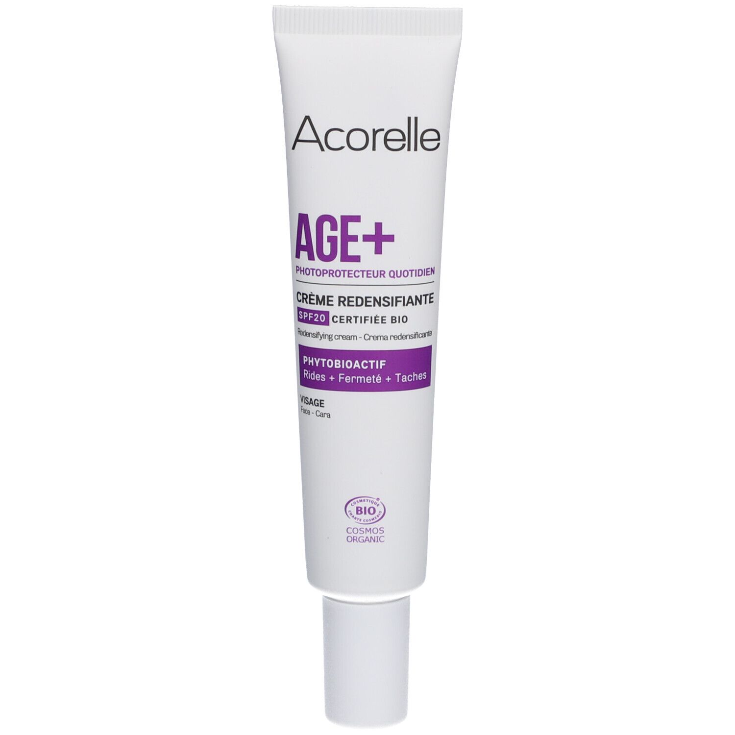 Tube blanc Acorelle AGE+ Crème Redensifiante. Protection solaire SPF20. Certifié Bio. Bouchon en bas.