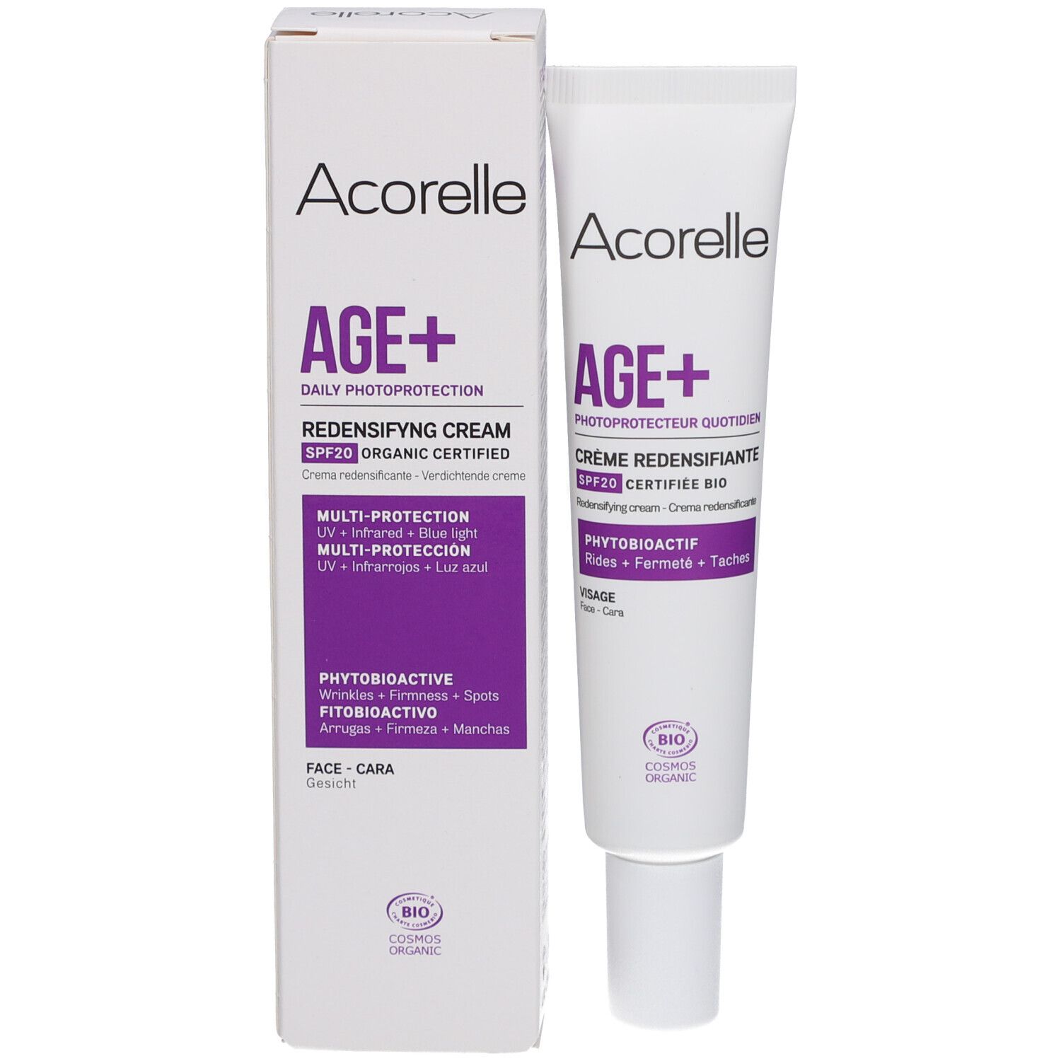 Emballage produit avec tube. Boîte blanche et tube Acorelle AGE+ Crème Redensifiante.