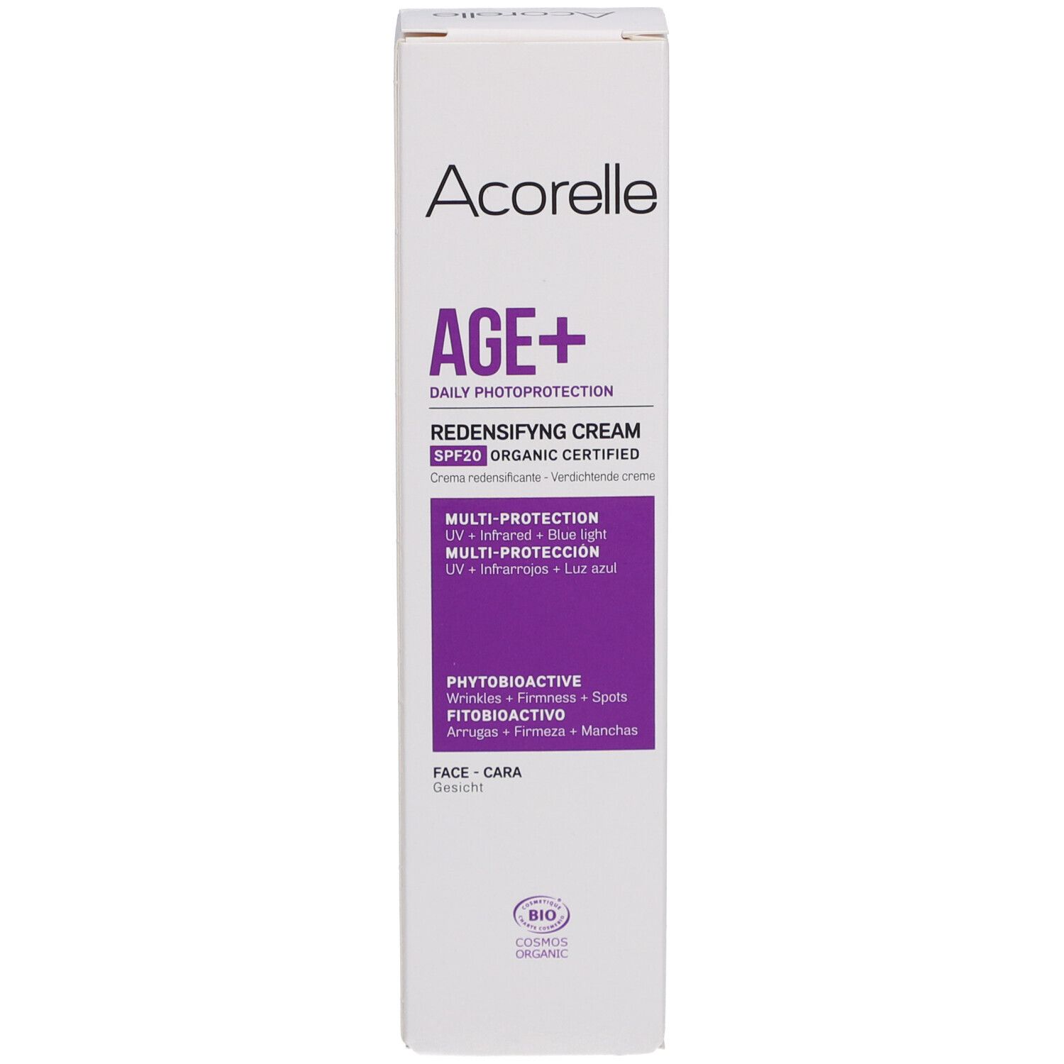 Boîte blanche Acorelle AGE+ Crème Redensifiante. Protection solaire SPF20. Certifié Bio.