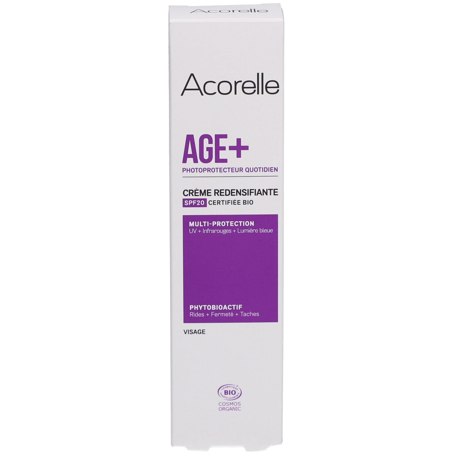 Boîte blanche Acorelle AGE+ Crème Redensifiante. Protection solaire SPF20. Certifié Bio.