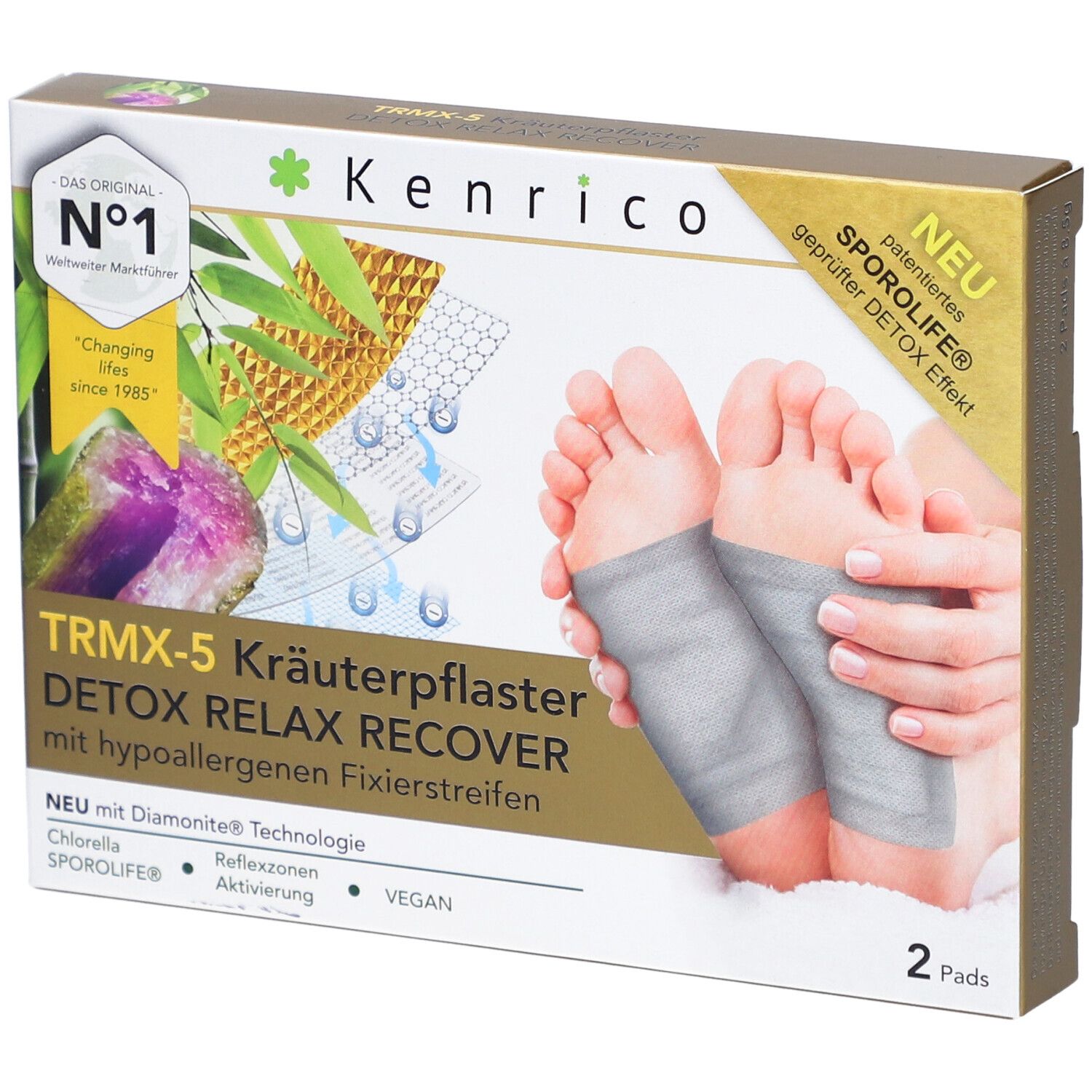 Boîte de patchs aux herbes. Inscription : TRMX-5, Detox, Relax, Recover. Illustration de pieds avec patchs. Marque : Kenrico.