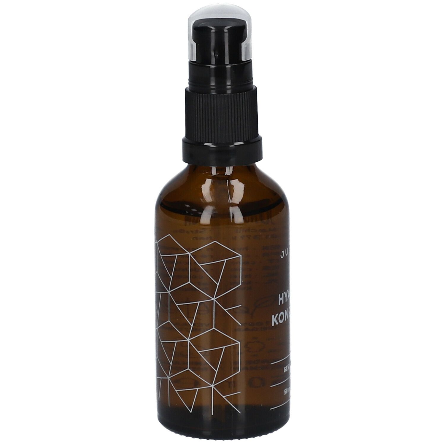 Flacon en verre brun avec pompe noire. Motif géométrique. Inscription : JUNGLÜCK Hyaluron Konzentrat.