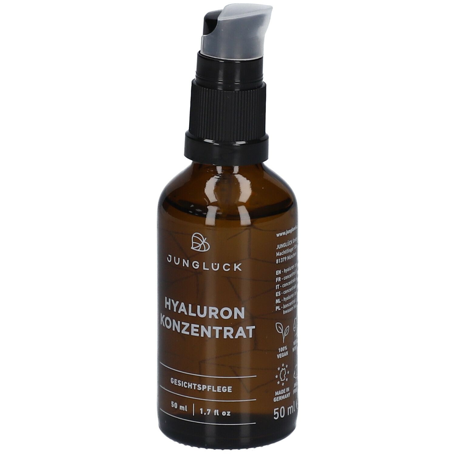 Flacon en verre brun avec pompe noire. Inscription : JUNGLÜCK Hyaluron Konzentrat, soin du visage. 50 ml.