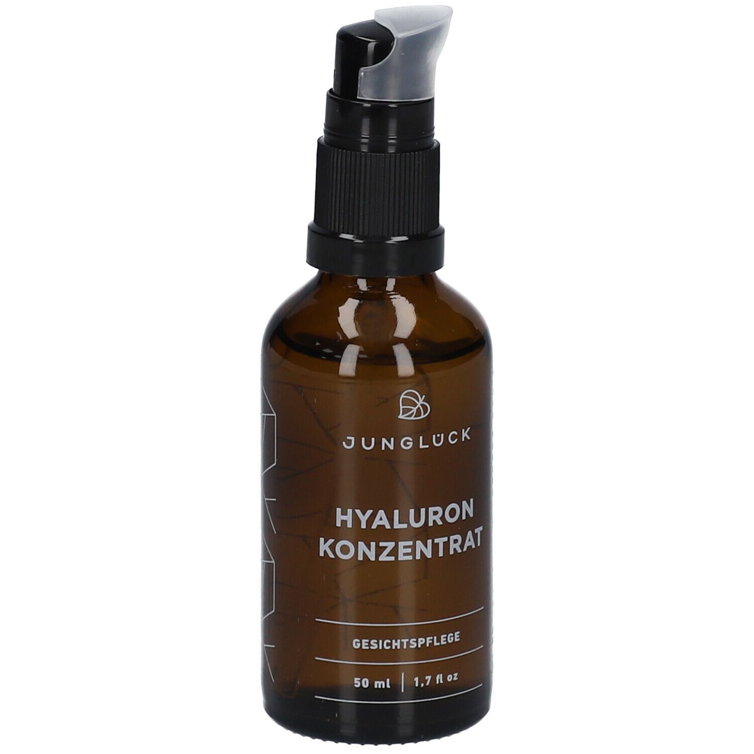 Flacon en verre brun avec pompe noire. Inscription : JUNGLÜCK Hyaluron Konzentrat, soin du visage. 50 ml.