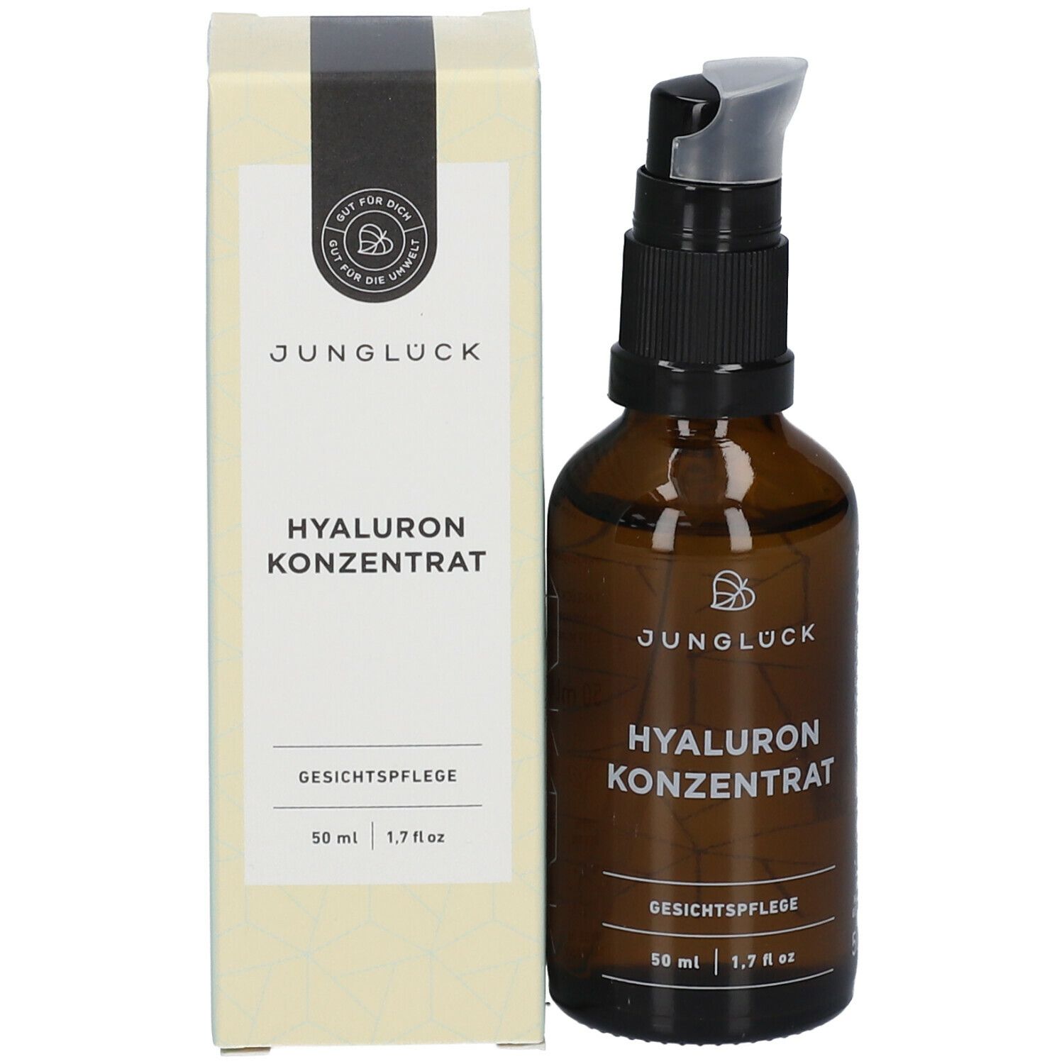 Flacon en verre brun avec pompe noire et carton. Inscription : JUNGLÜCK Hyaluron Konzentrat, soin du visage. 50 ml.