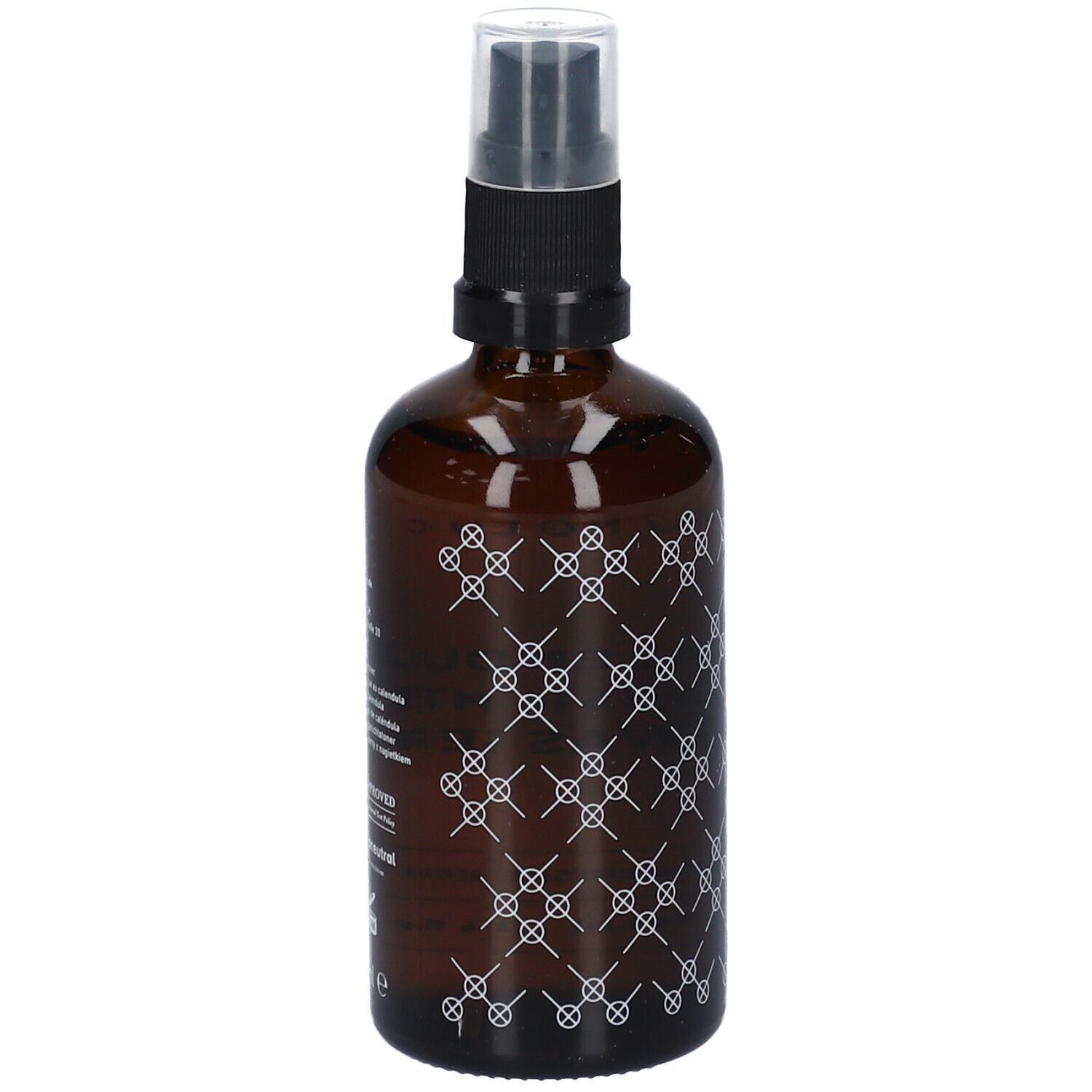 Flacon en verre brun avec motif blanc. Inscription: JUNGLÜCK CALENDULA GESICHTS WASSER. Nettoyant visage.