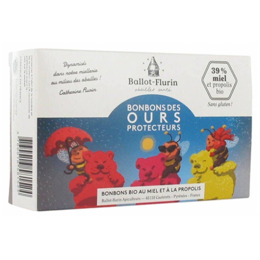 Boîte de bonbons Ballot-Flurin. Bonbons des Ours Protecteurs Bio. Illustration d'ours et d'abeilles. 39% miel et propolis bio.